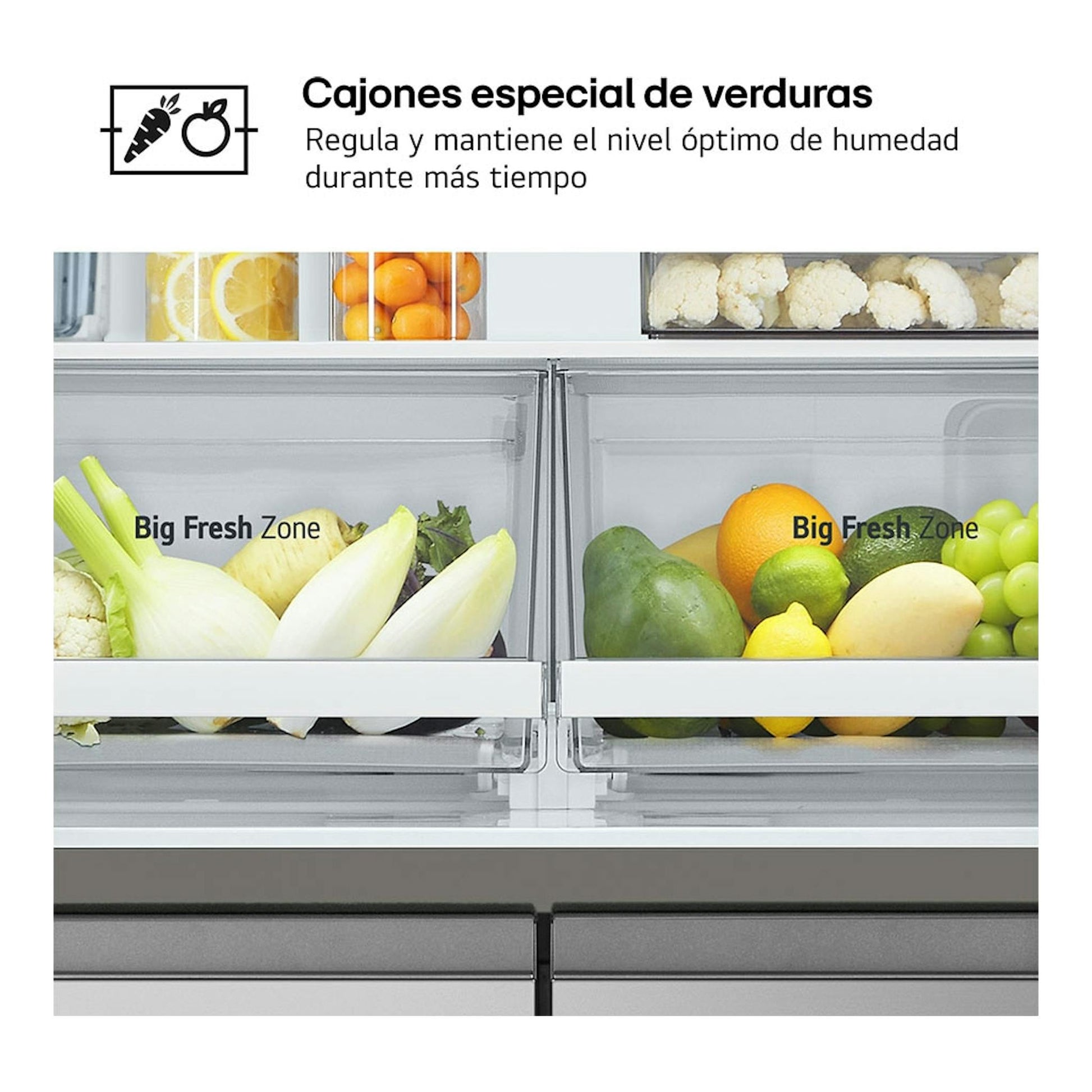 Frigorífico LG GML860PYFE de 4 puertas, vista frontal de cajones de verduras y frutas en color inox.