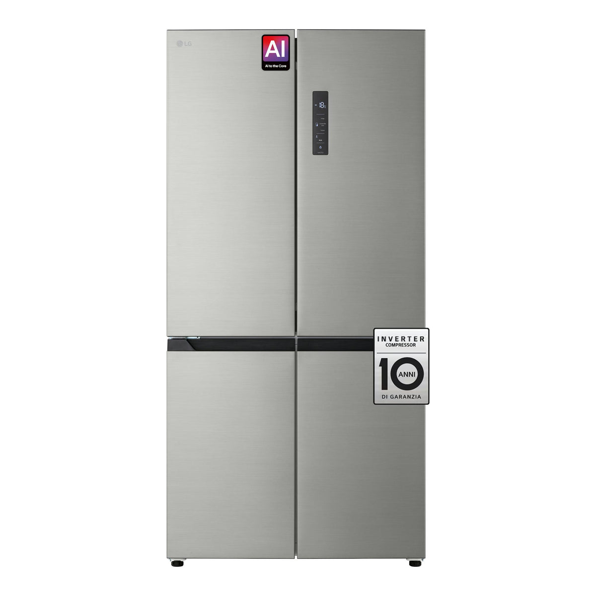 Frigorífico americano LG GMM42PYBEH inox, vista frontal, dos puertas con panel digital.