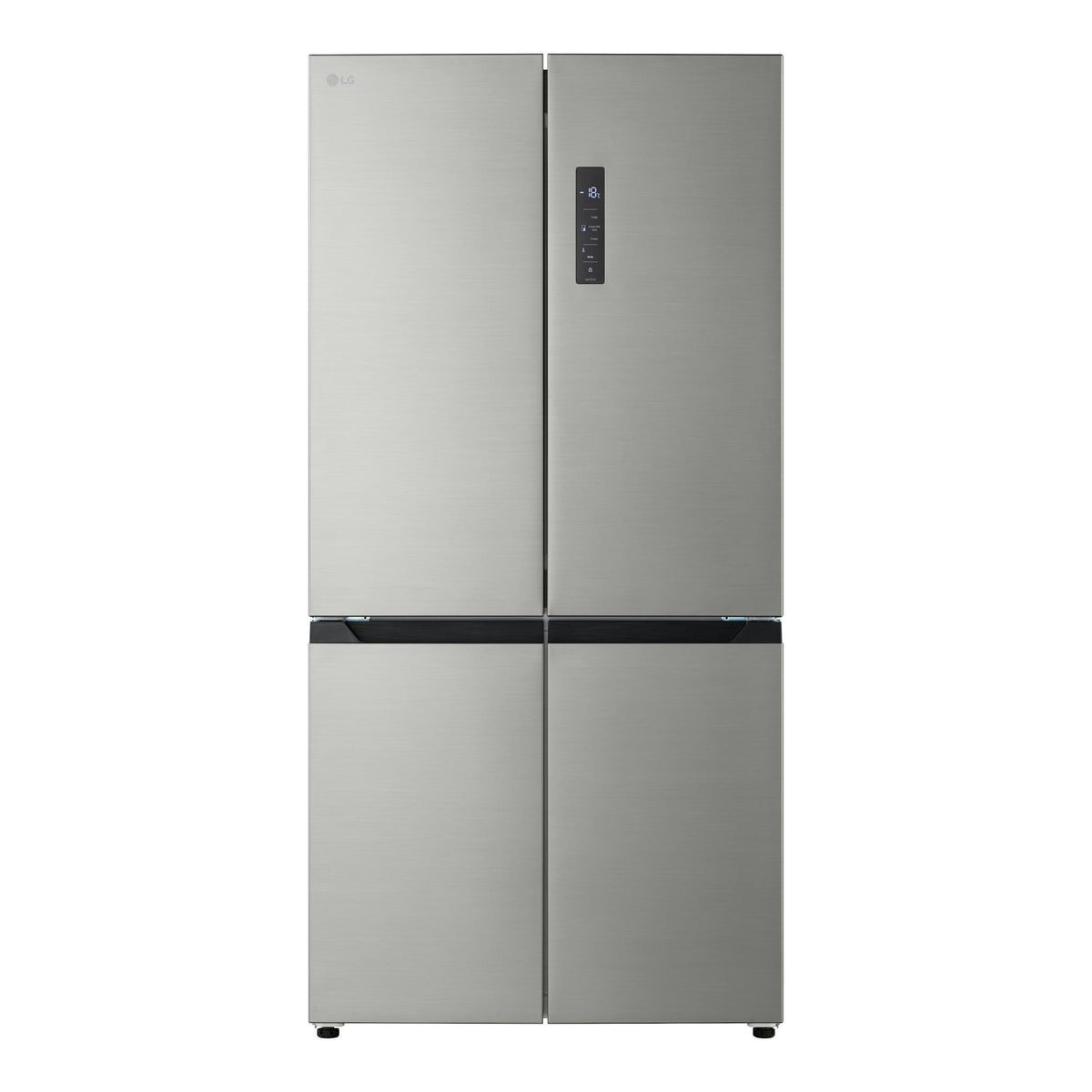 Frigorífico LG GMM42PYBEH de cuatro puertas, vista frontal, color inox con panel de control negro.