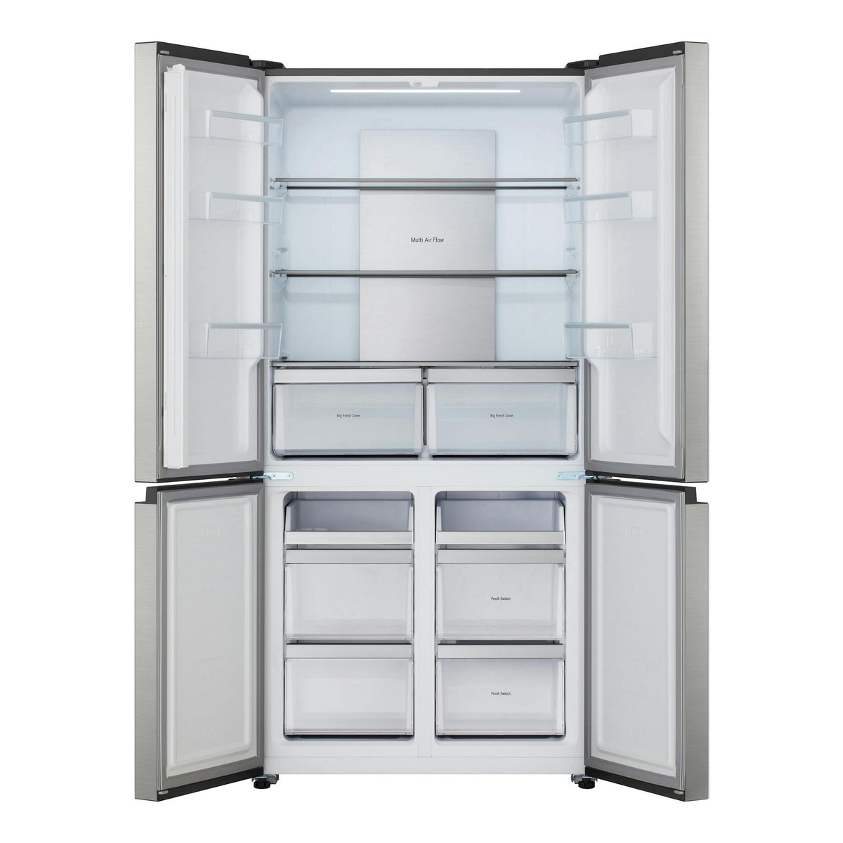 Frigorífico americano LG GMM42PYBEH en inox, visto de frente con puertas abiertas.