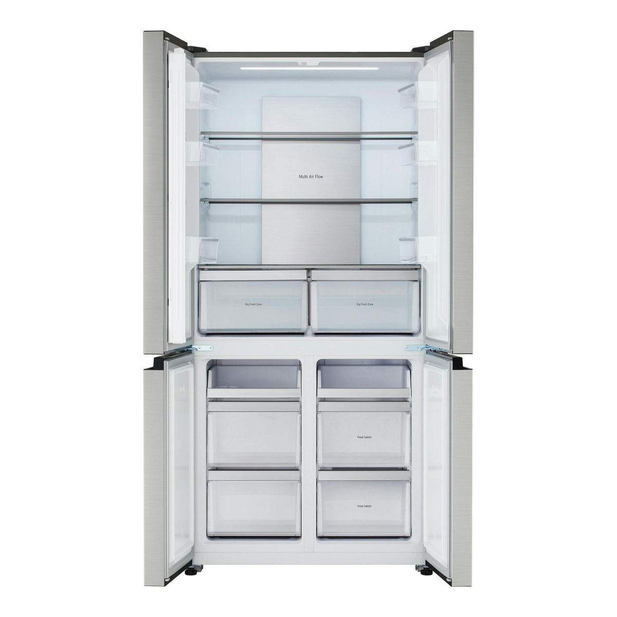 Frigorífico americano LG GMM42PYBEH de inox, vista frontal abierto con puertas y cajones interiores.