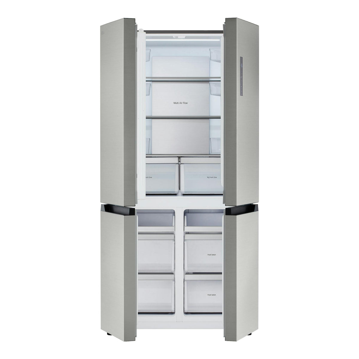 Frigorífico americano LG GMM42PYBEH inox, vista frontal con puertas y cajones abiertos.