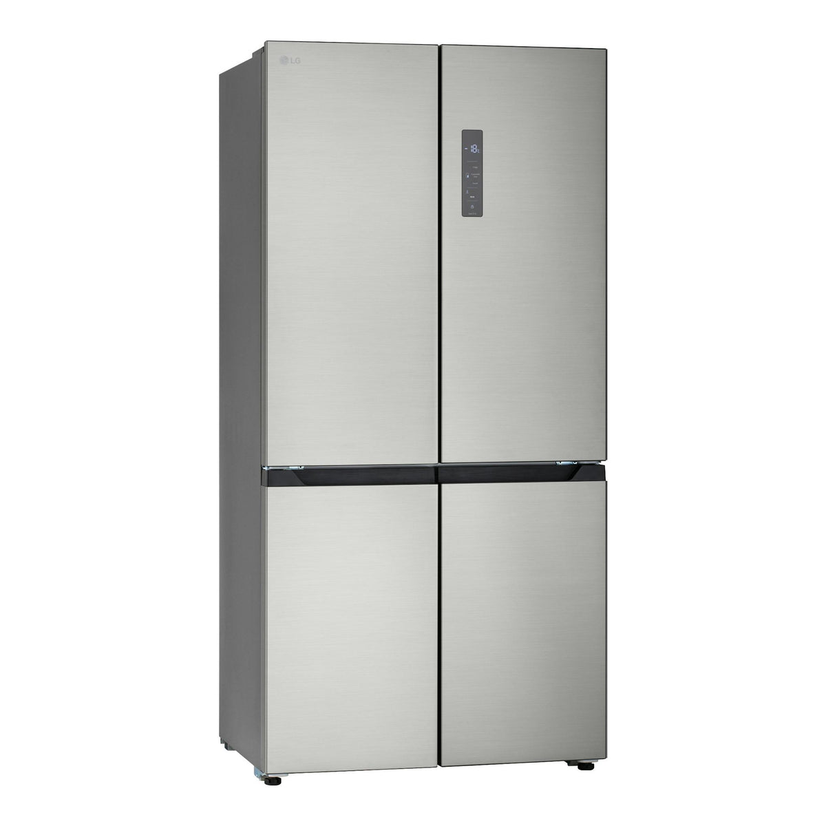 Vista frontal con ligero ángulo lateral de frigorífico americano LG GMM42PYBEH en acero inoxidable.