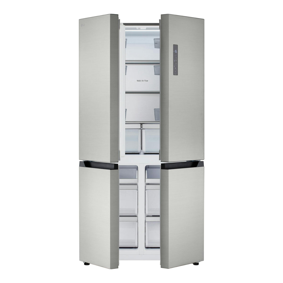Frigorífico americano LG GMM42PYBEH en inox, con cuatro puertas abiertas y panel digital frontal.