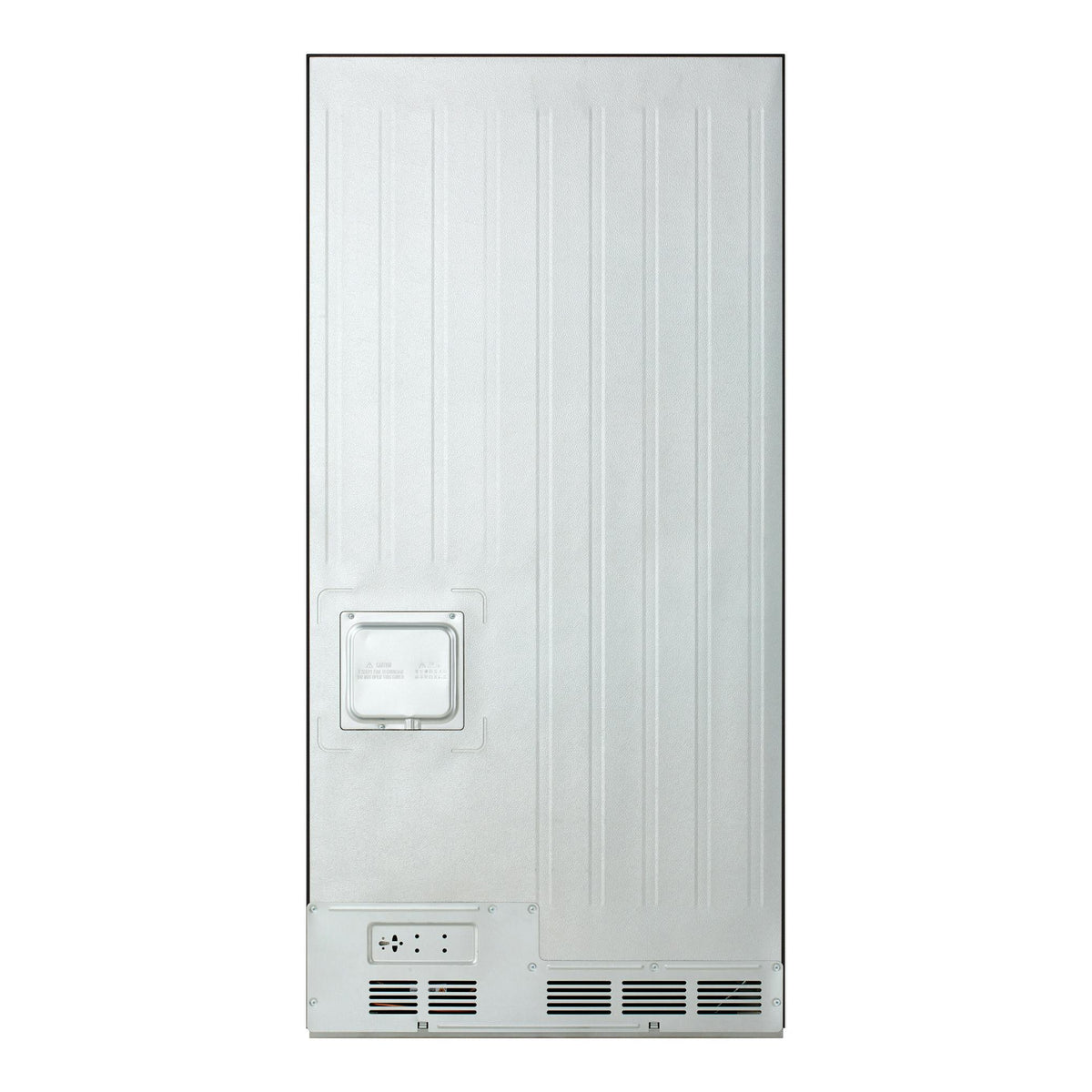 Parte trasera de frigorífico americano LG GMM42PYBEH, acabado inox, con rejillas y tapa de acceso inferiores.