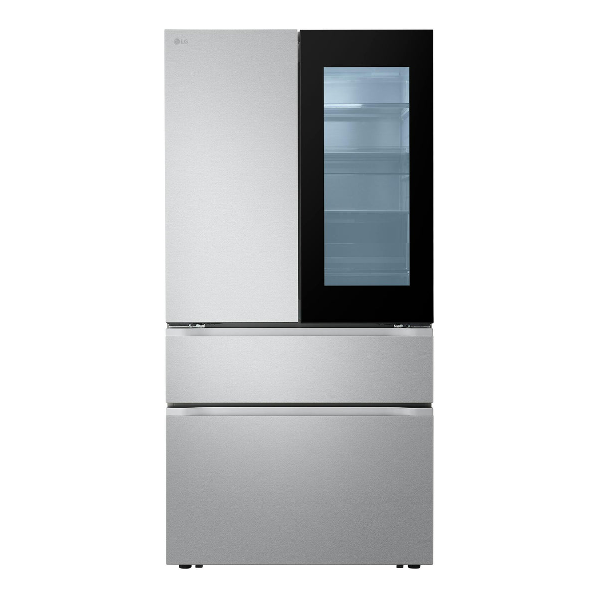 Frigorífico americano LG GMVW50DDMB, vista frontal, acabado inox y puerta negra con panel de cristal.