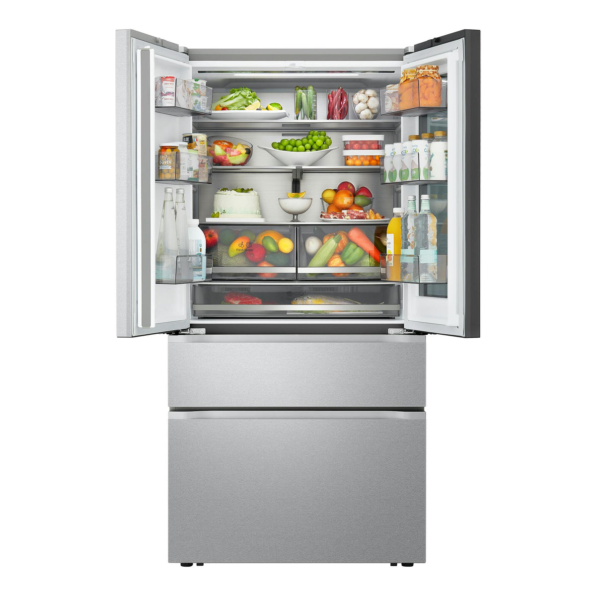 Frigorífico americano LG GMVW50DDMB en inox, visto de frente con puertas abiertas y estantes llenos.