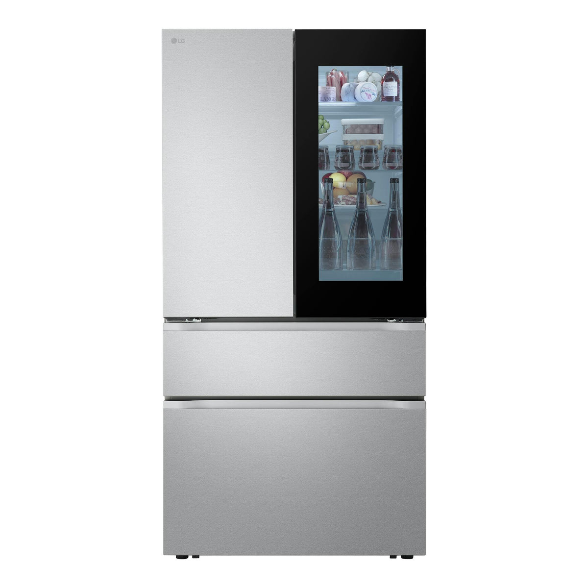 Frigorífico americano LG GMVW50DDMB en inox, vista frontal, con puerta de vidrio negra y dos cajones inferiores.