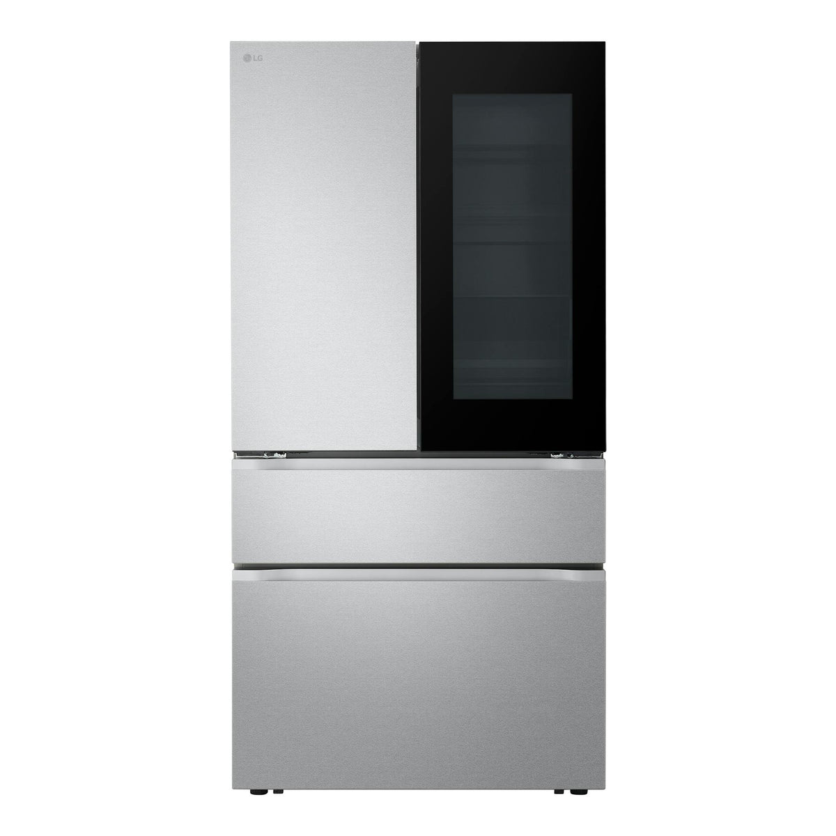 Frigorífico americano LG GMVW50DDMB en inox, vista frontal, con puerta negra y cajones inferiores.