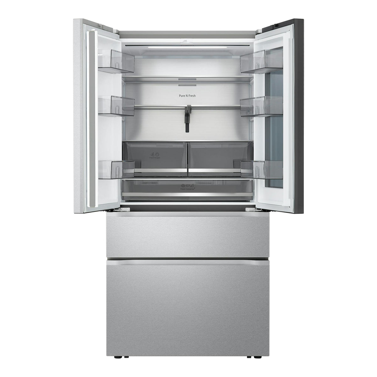 Frigorífico americano LG GMVW50DDMB en inox, vista frontal con puertas abiertas y cajones visibles.