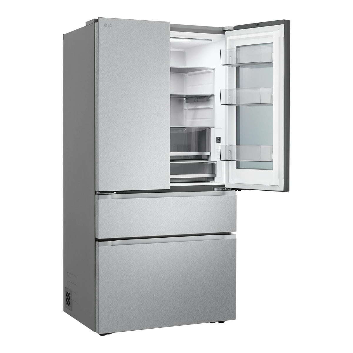 Frigorífico americano LG inox, vista frontal en tres cuartos, con una puerta abierta y cajones visibles.