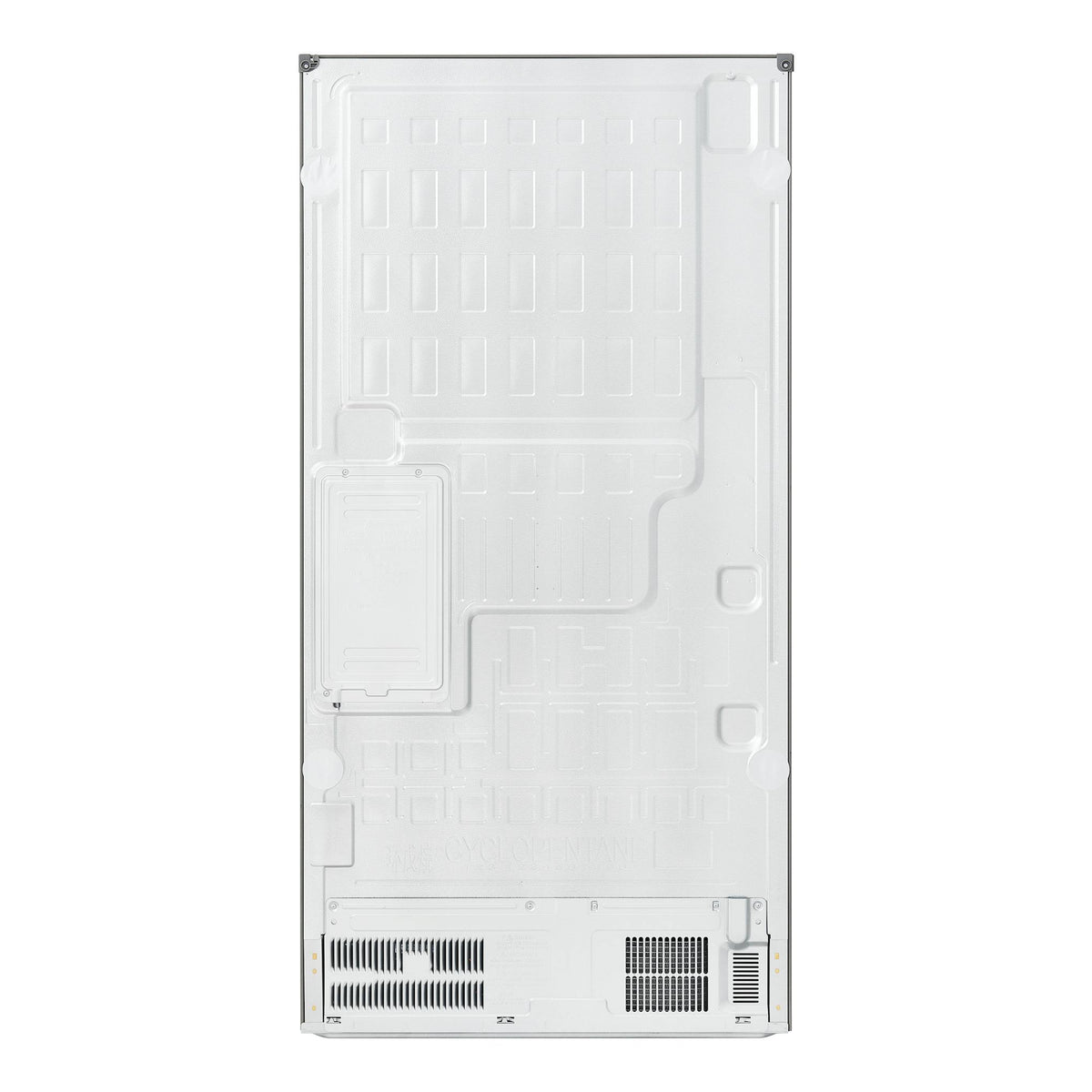 Vista trasera del frigorífico americano LG GMVW50DDMB, panel posterior blanco con rejillas inferiores.