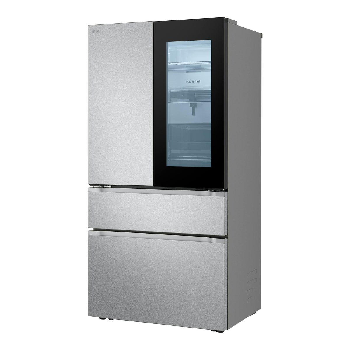 Frigorífico americano LG GMVW50DDMB en vista frontal tres cuartos, inox, con puerta central de vidrio negro.