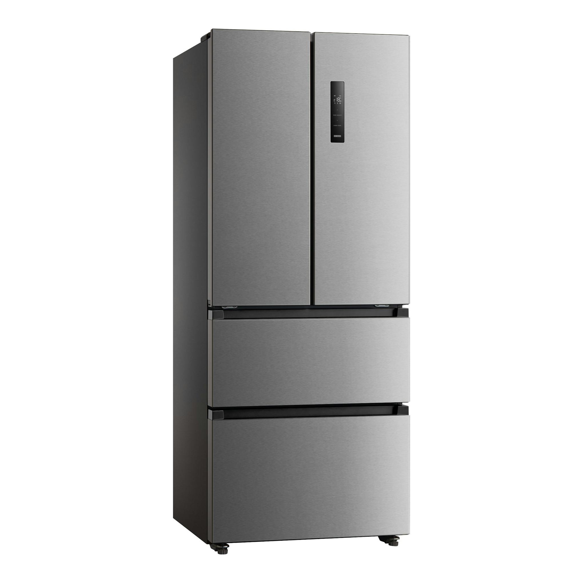 Frigorífico americano Midea MERF402FIE02 inox, vista frontal ligeramente angulada, con tres puertas y panel digital.