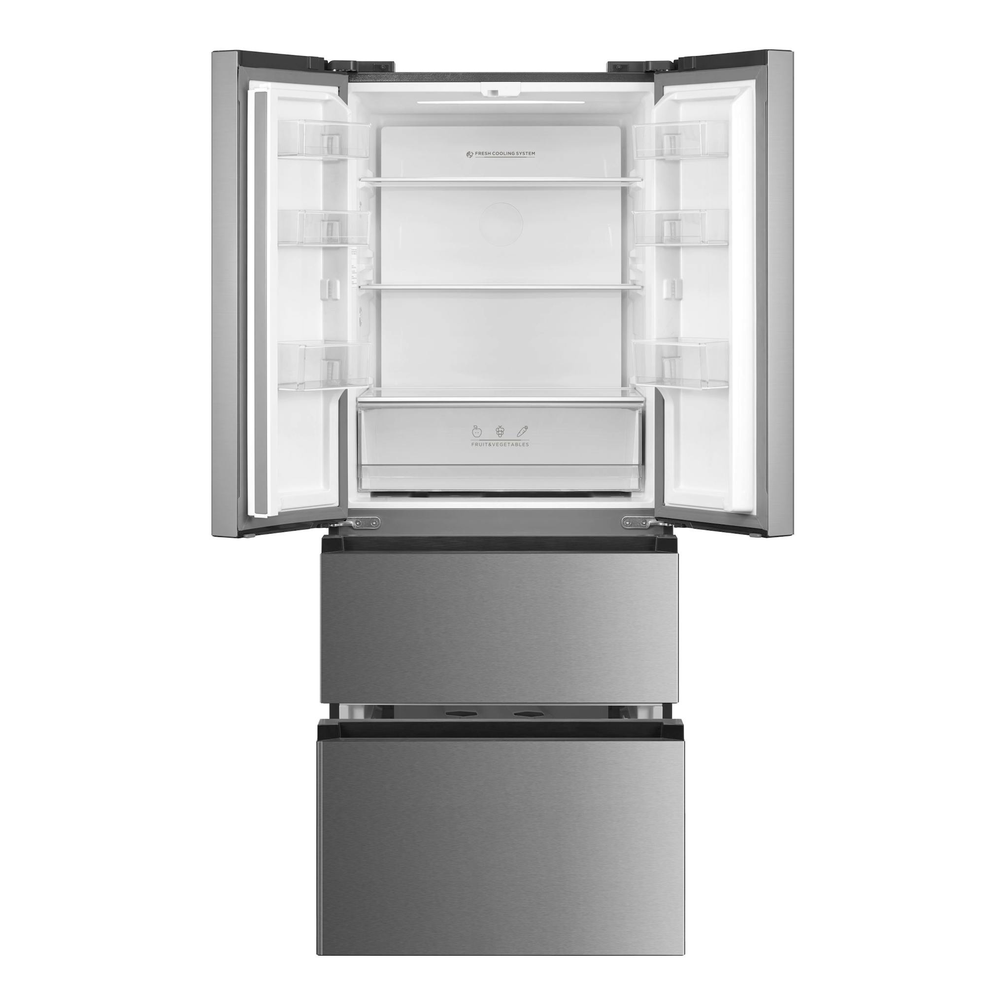Frigorífico americano Midea MERF402FIE02 de inox, vista frontal, puertas abiertas y cajones inferiores.