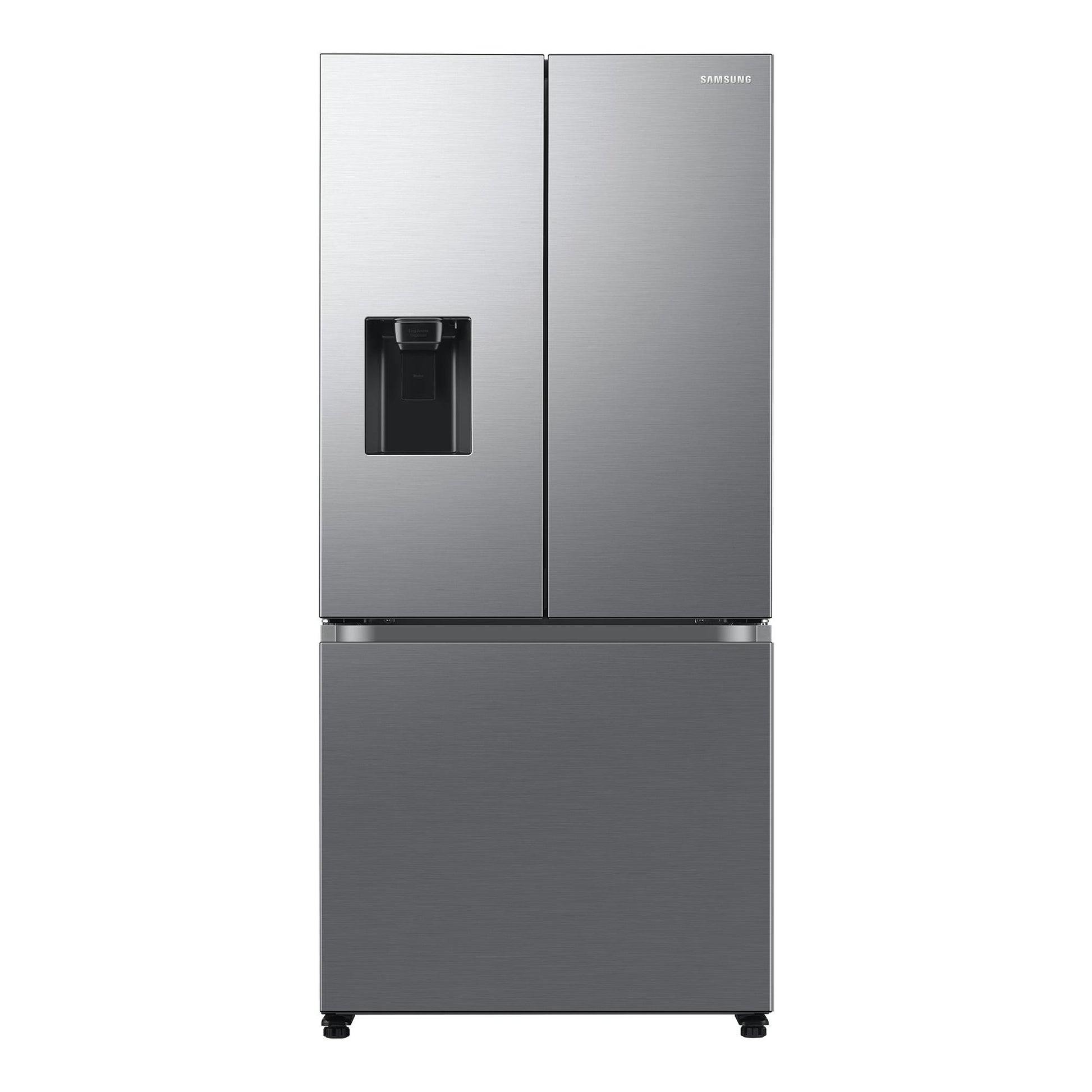 Frigorífico americano Samsung RF50C530ES9/EF de acero inoxidable, vista frontal, con dispensador de agua.