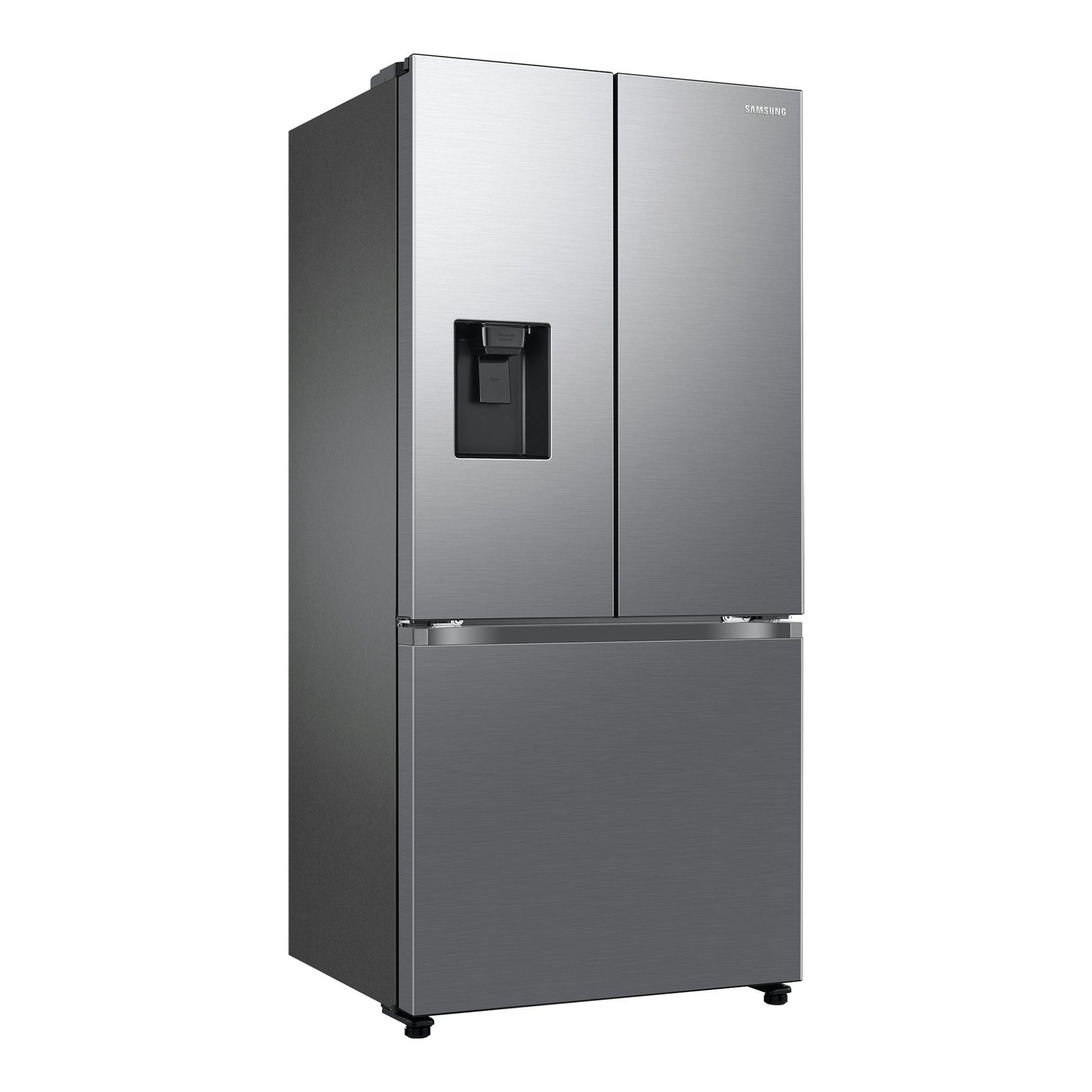 Frigorífico Samsung RF50C530ES9/EF de dos puertas, acero inoxidable, vista frontal con dispensador de agua.