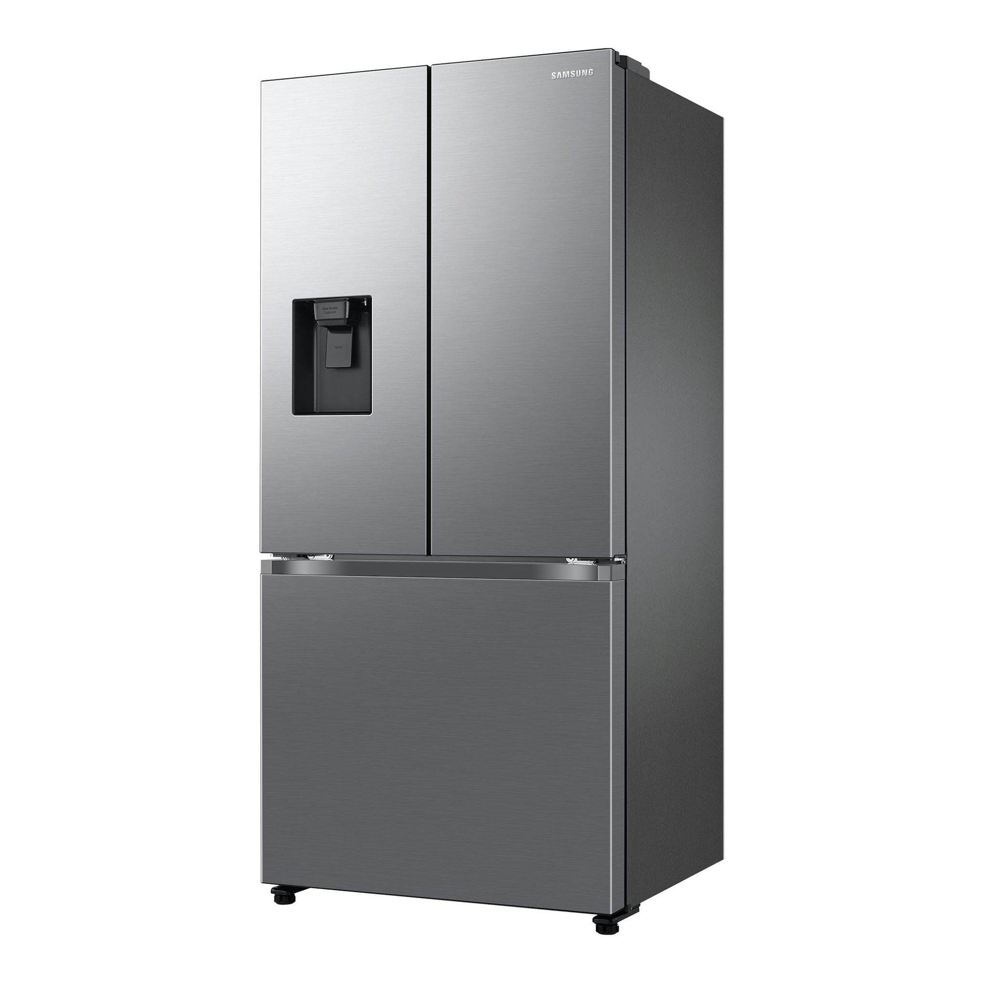 Frigorífico americano Samsung RF50C530ES9/EF gris metalizado, vista frontal en ángulo con dispensador de agua.