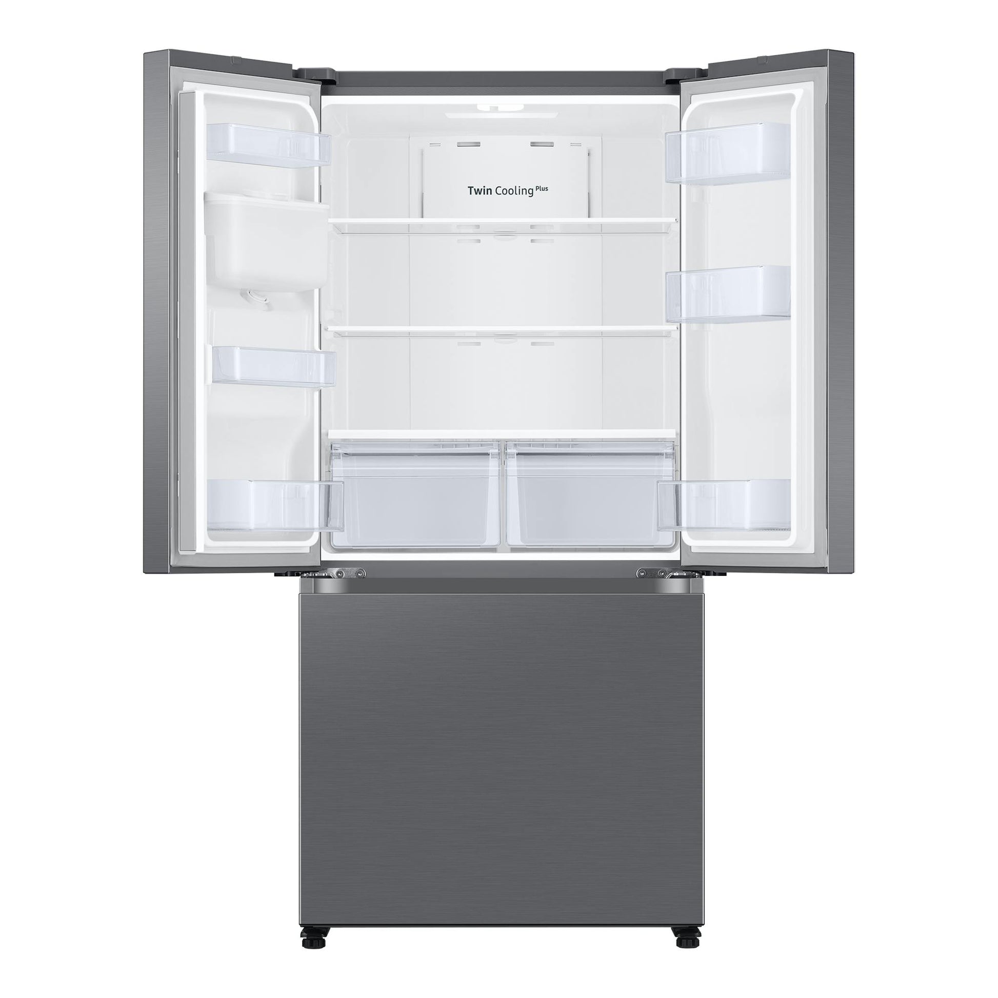 Frigorífico americano Samsung RF50C530ES9/EF gris, vista frontal con puertas abiertas e interior visible.