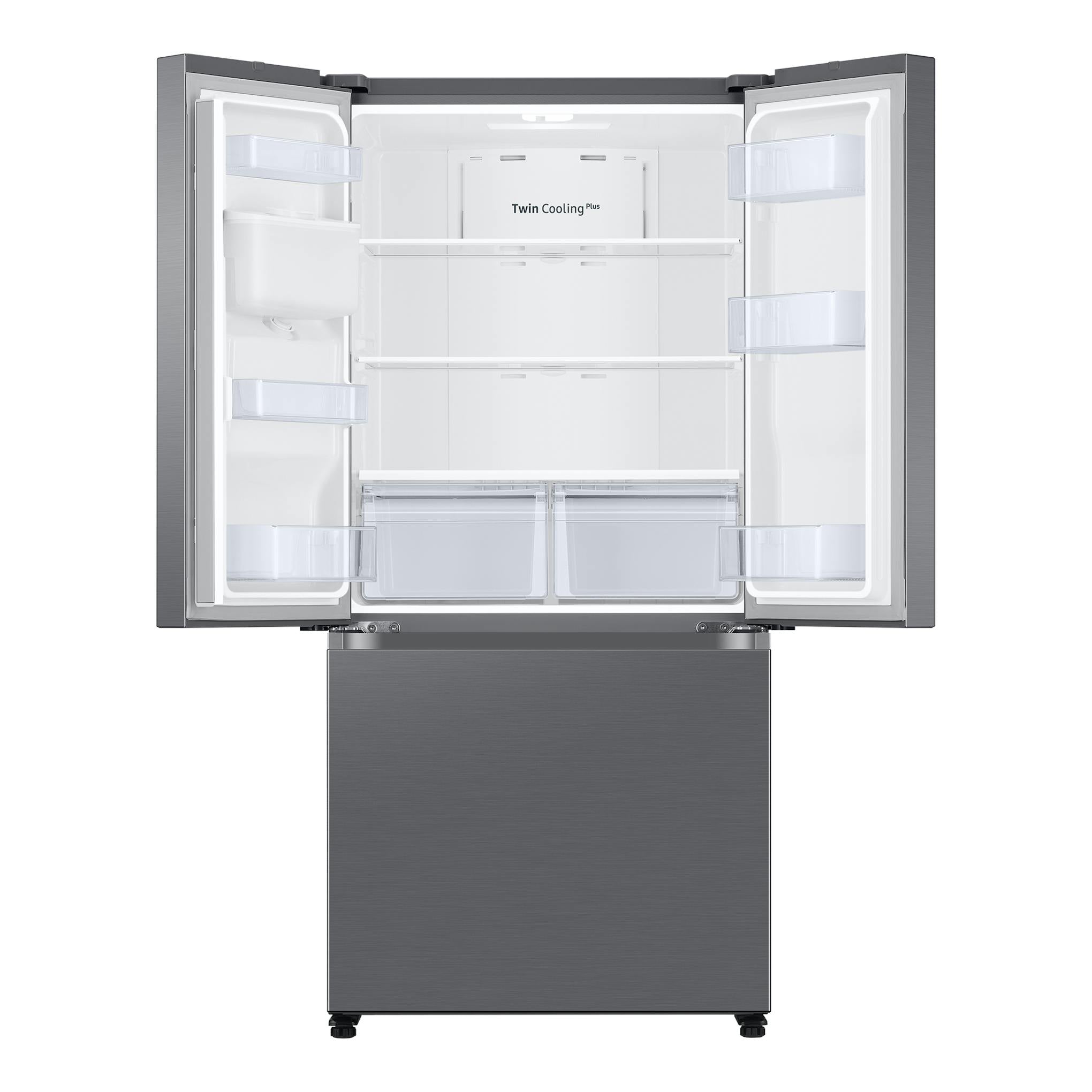Frigorífico americano Samsung RF50C530ES9/EF gris, vista frontal con puertas abiertas e interior visible.