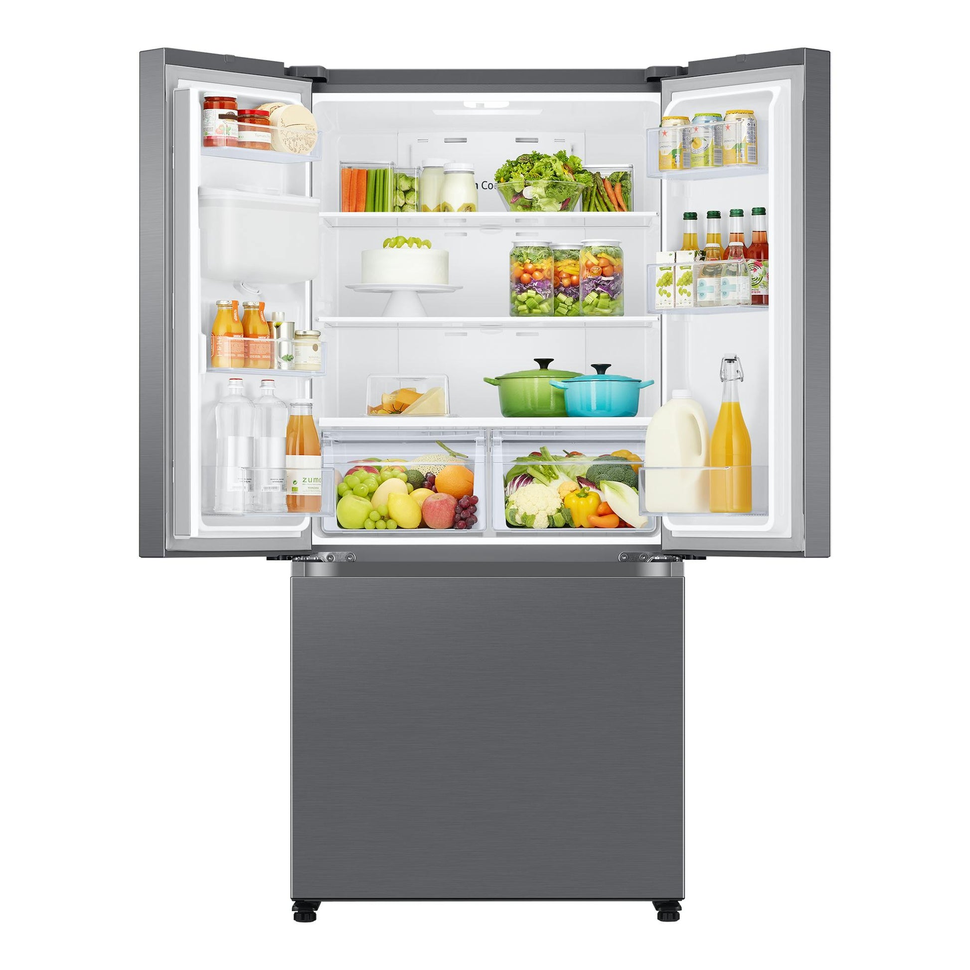 Frigorífico americano Samsung RF50C530ES9/EF en vista frontal, puertas abiertas, acabado gris e interior blanco.