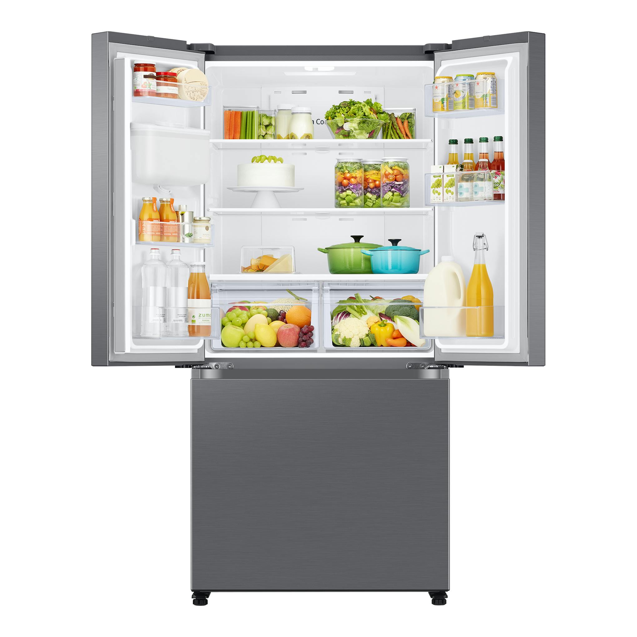 Frigorífico americano Samsung RF50C530ES9/EF en vista frontal, puertas abiertas, acabado gris e interior blanco.