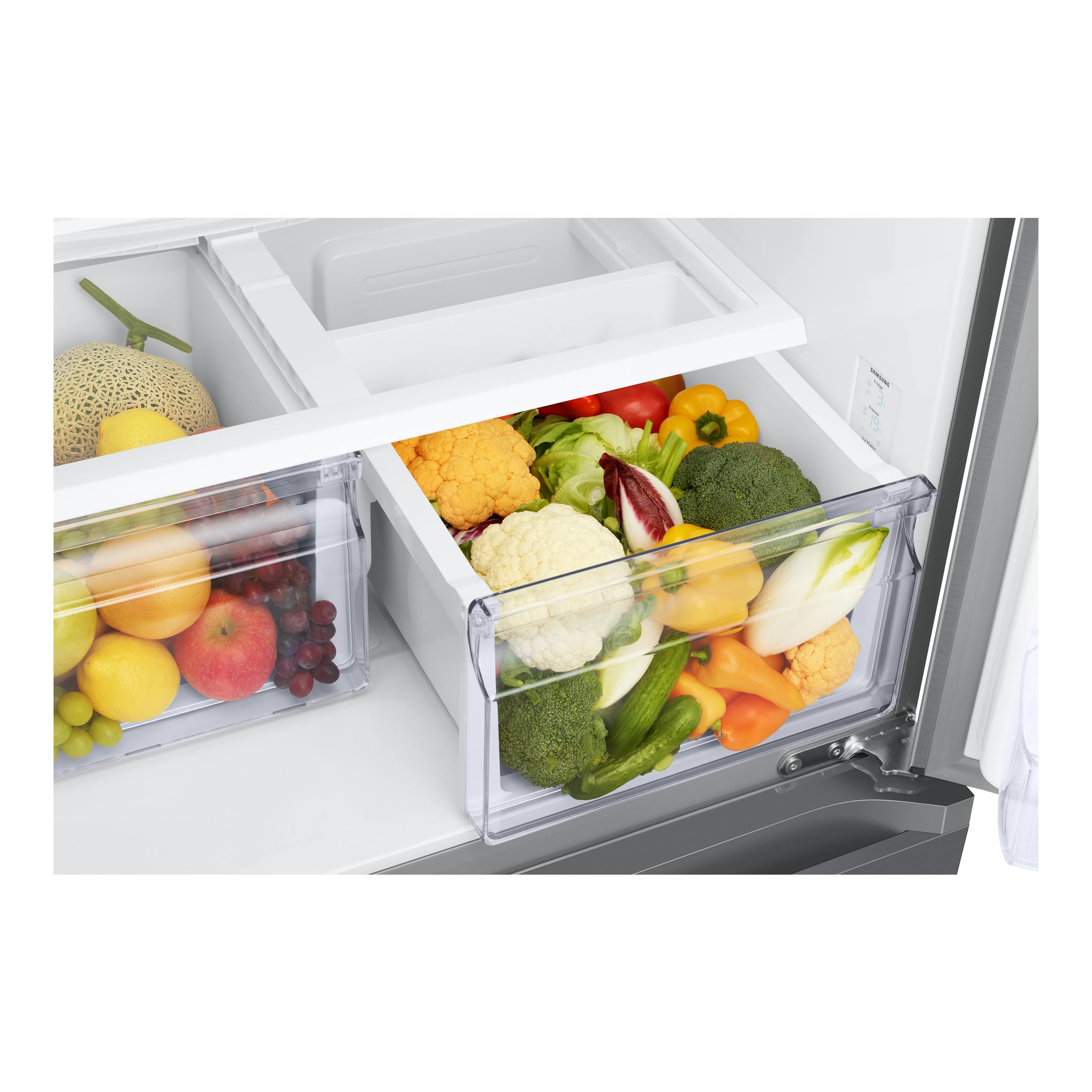 Samsung RF50C530ES9/EF, interior de frigorífico americano con cajones abiertos y verduras, vista frontal