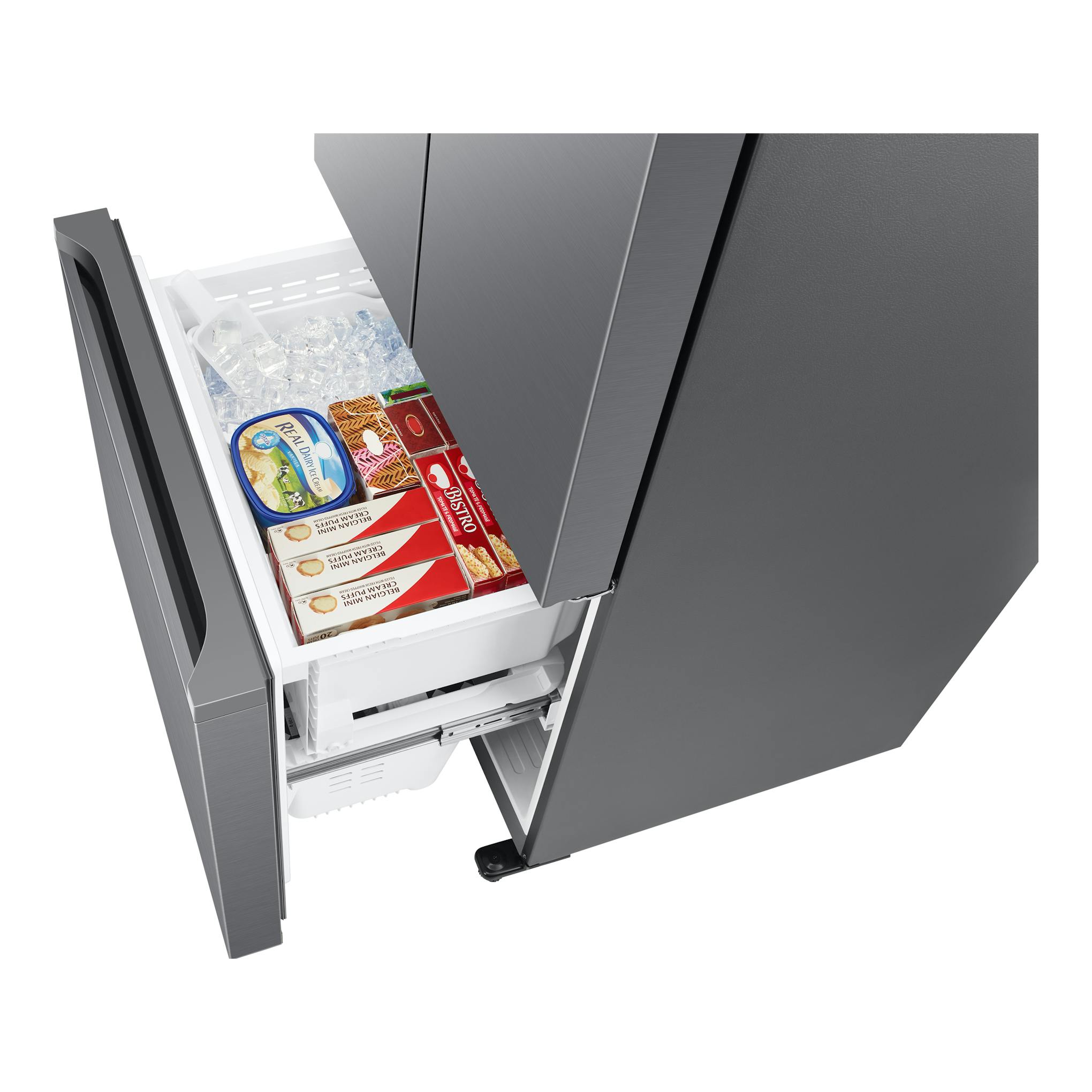 Frigorífico americano Samsung RF50C530ES9/EF gris, vista en ángulo con el cajón del congelador abierto.