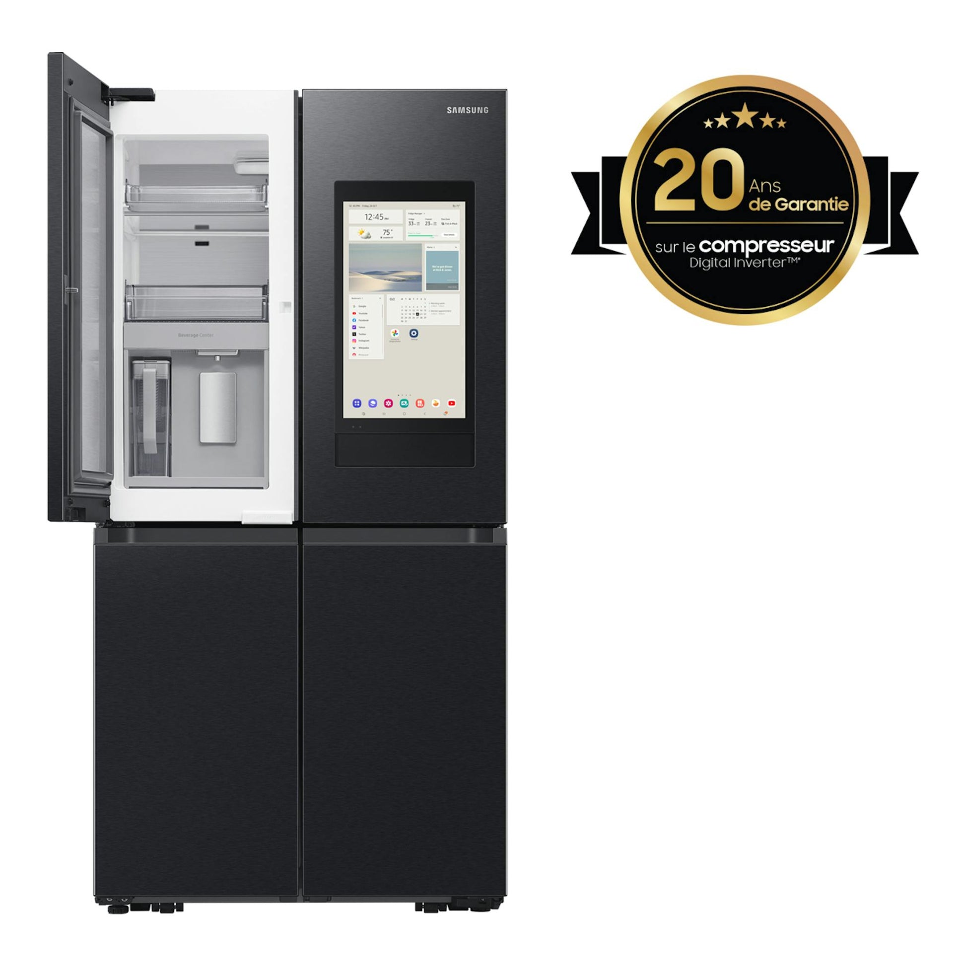 Frigorífico americano Samsung RF65DG9H0EB1EF negro, con puerta izquierda abierta y pantalla Family Hub.