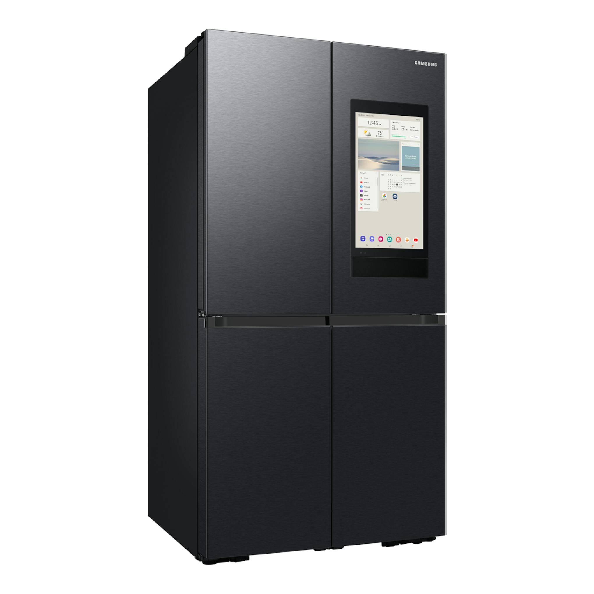 Frigorífico americano Samsung RF65DG9H0EB1EF negro, vista frontal en tres cuartos, con pantalla Family Hub.