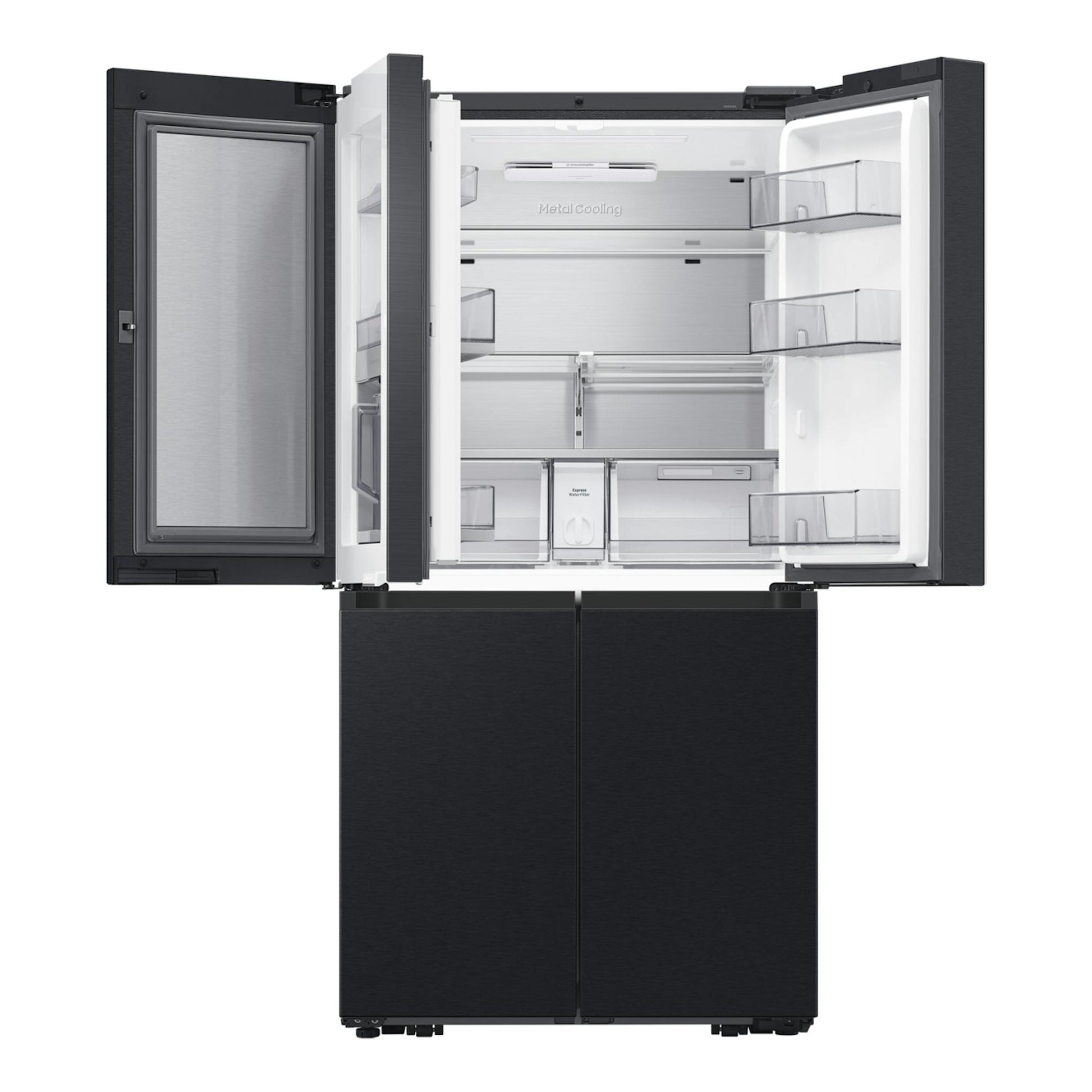 Frigorífico americano Samsung RF65DG9H0EB1EF negro, vista frontal con puertas abiertas e interior visible.
