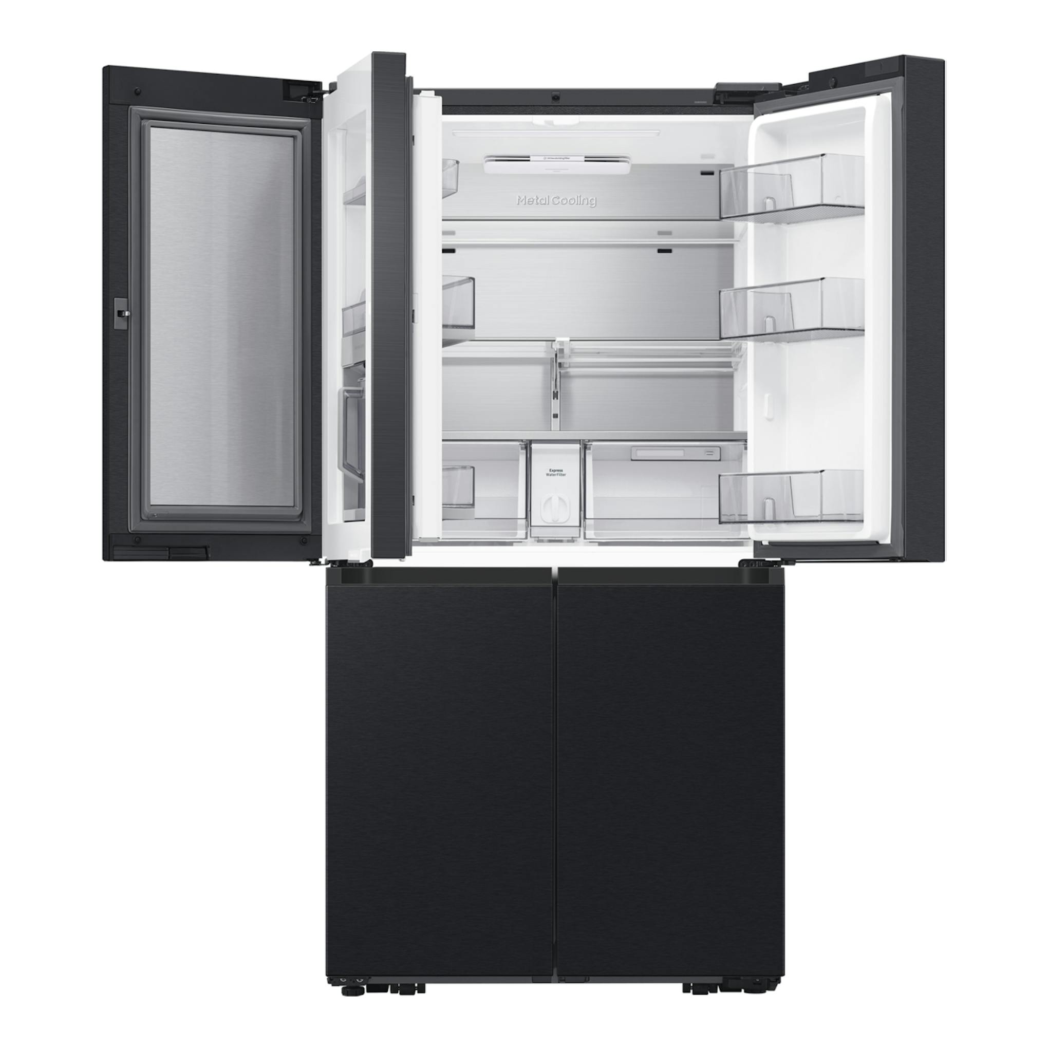 Frigorífico americano Samsung RF65DG9H0EB1EF negro, vista frontal con puertas abiertas e interior visible.