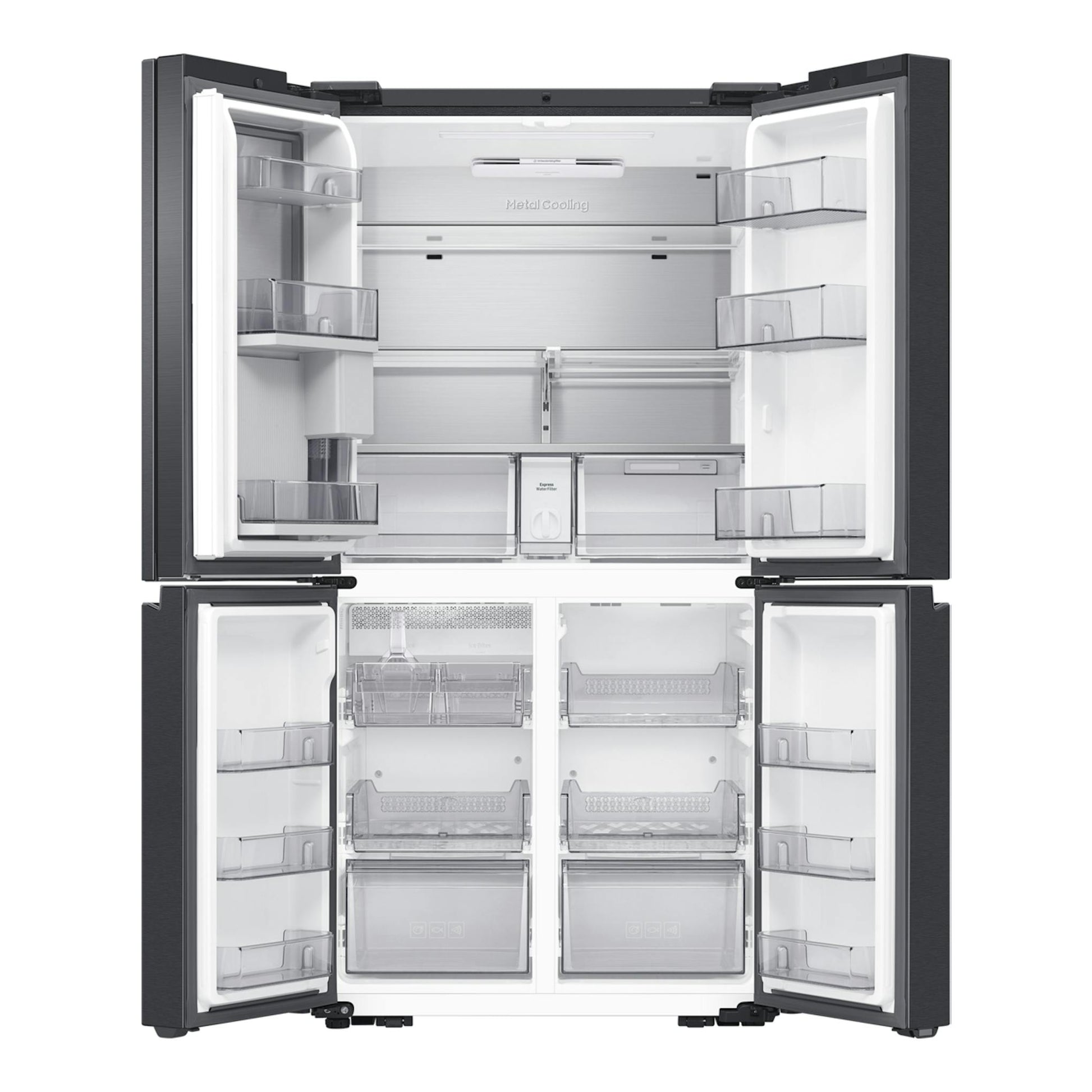 Frigorífico americano Samsung RF65DG9H0EB1EF negro, abierto, con cuatro puertas y interior blanco.