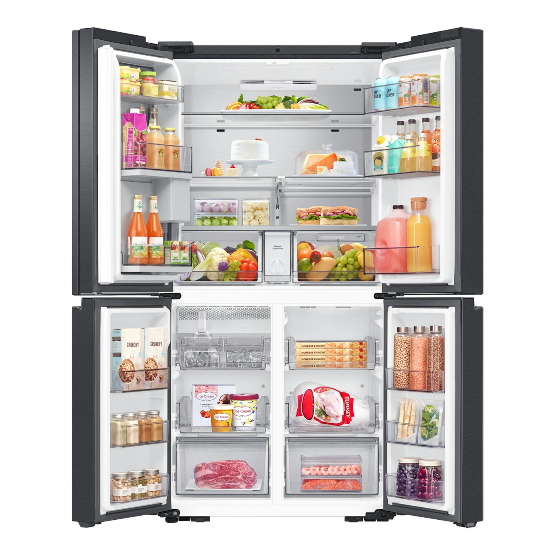 Frigorífico americano Samsung RF65DG9H0EB1EF negro, abierto, con dos puertas y cajones interiores llenos.