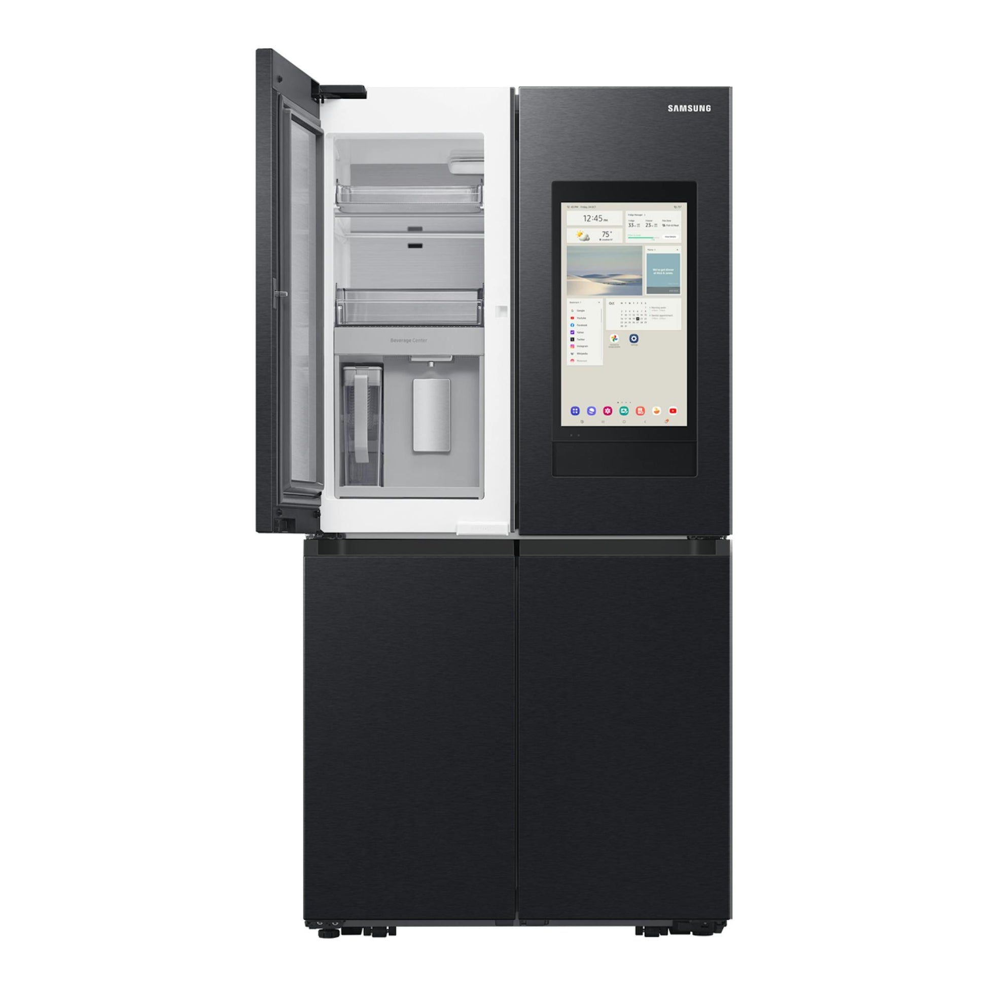 Frigorífico americano Samsung RF65DG9H0EB1EF negro, vista frontal, con una puerta abierta y pantalla Family Hub.
