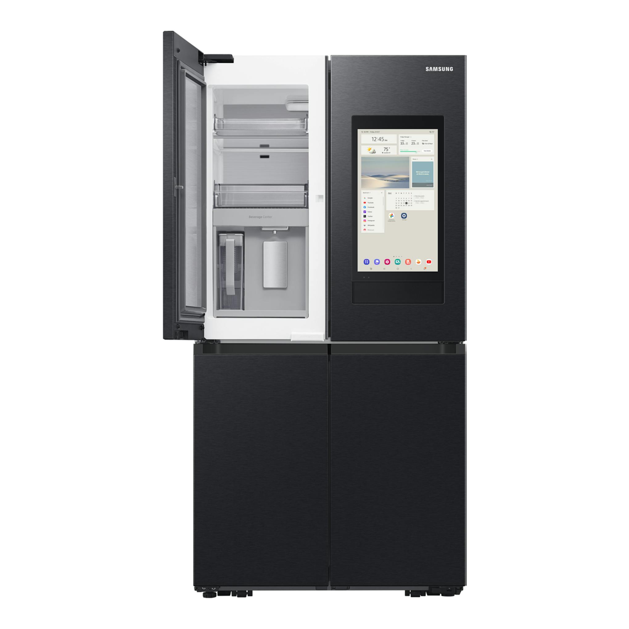 Frigorífico americano Samsung RF65DG9H0EB1EF negro, vista frontal, con una puerta abierta y pantalla Family Hub.
