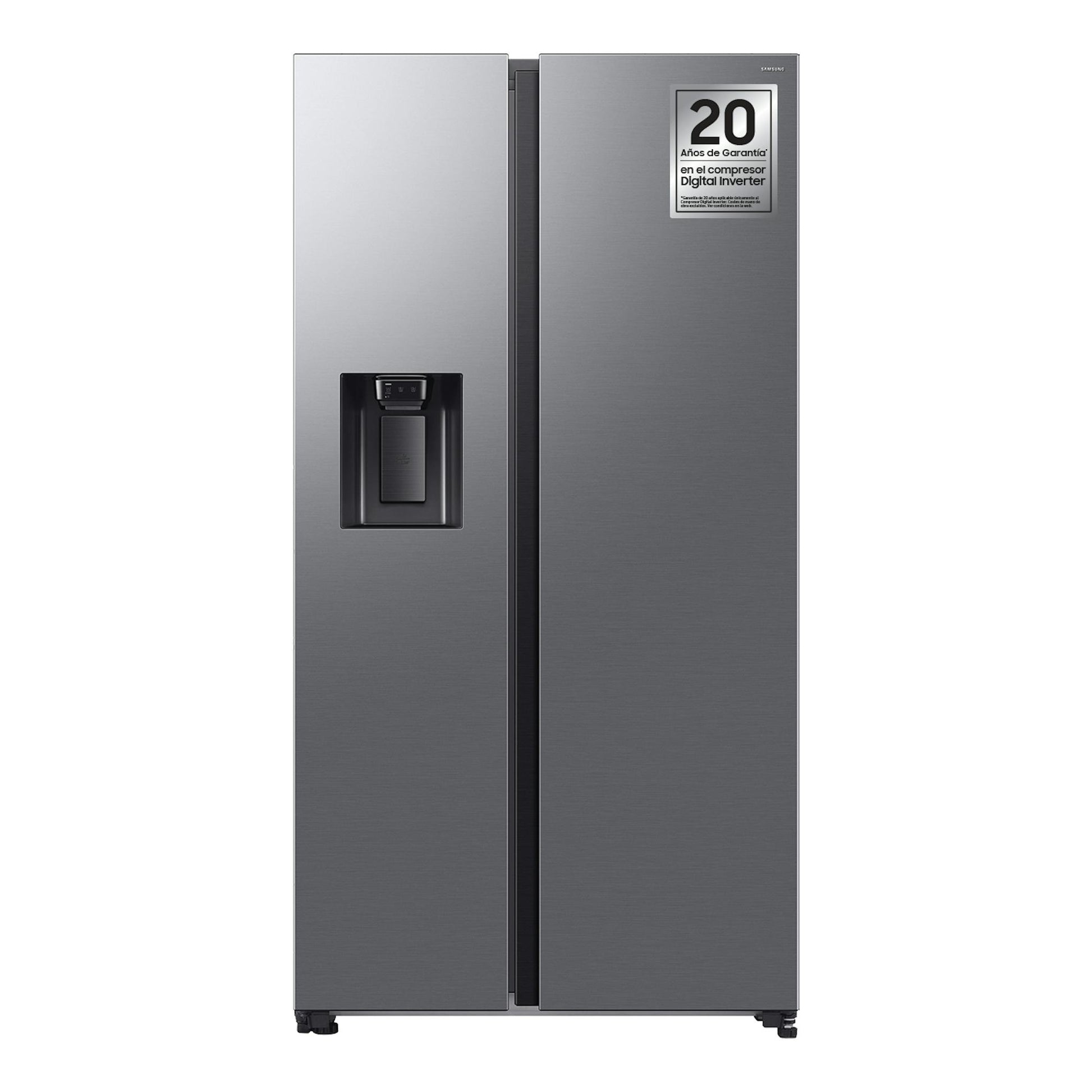 Frigorífico americano Samsung RS70F64KDTEF inox, vista frontal, con dispensador de agua en la puerta izquierda.