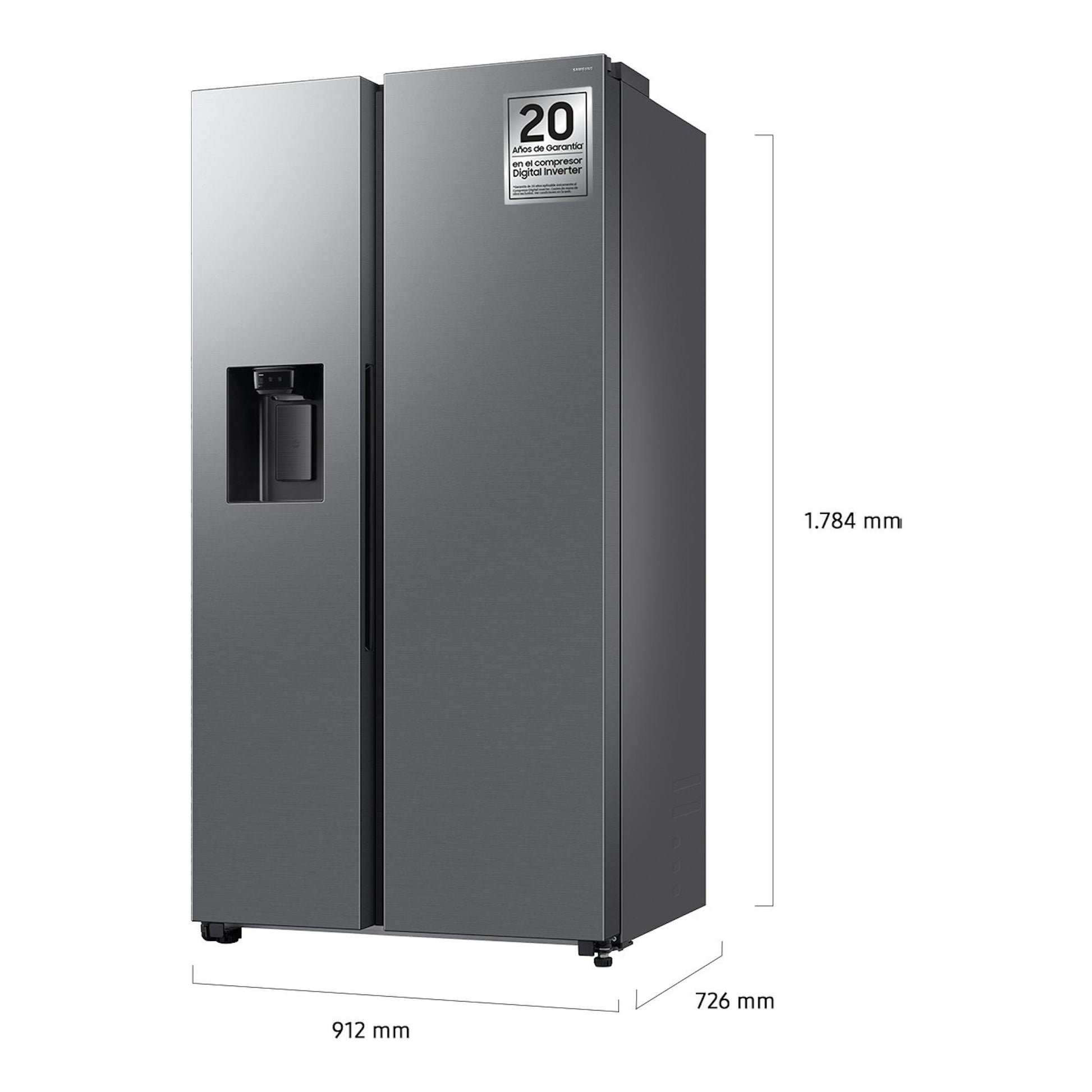 Frigorífico americano Samsung RS70F64KDTEF inox, vista frontal en tres cuartos, con dispensador de agua.