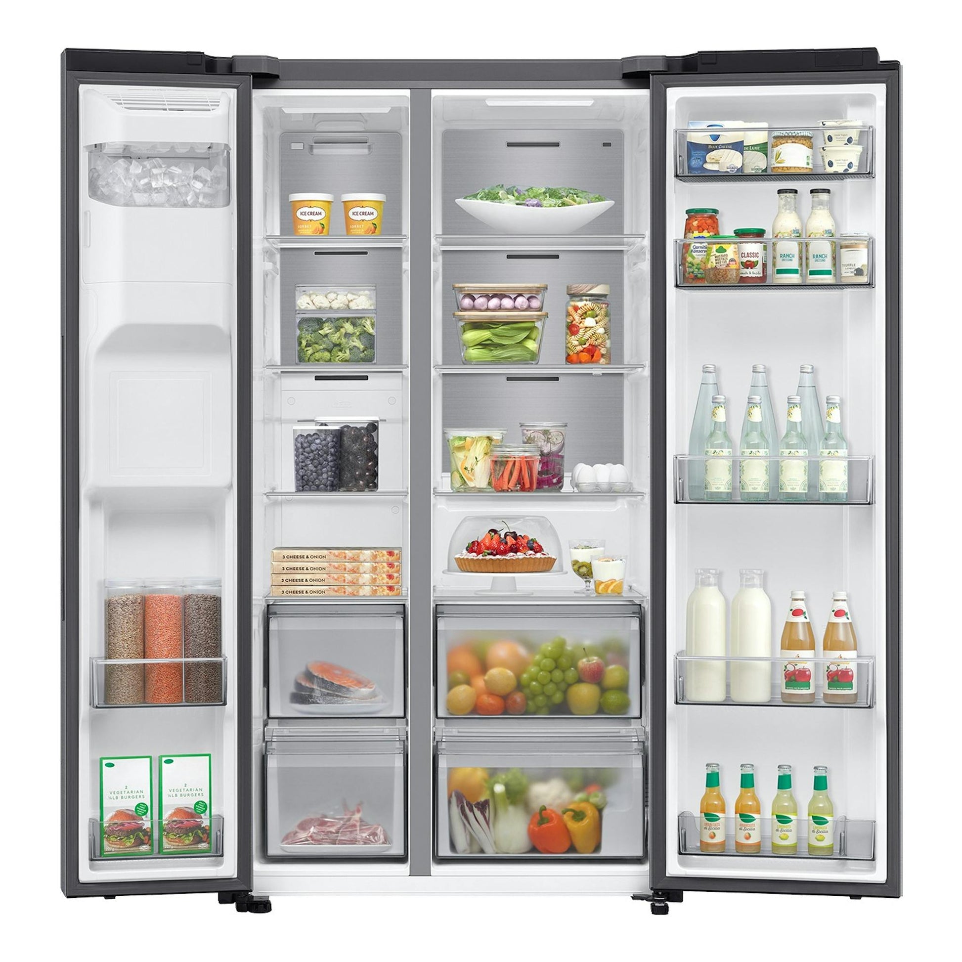 Frigorífico americano Samsung RS70F64KDTEF abierto, vista frontal, inox, con compartimentos y alimentos visibles.