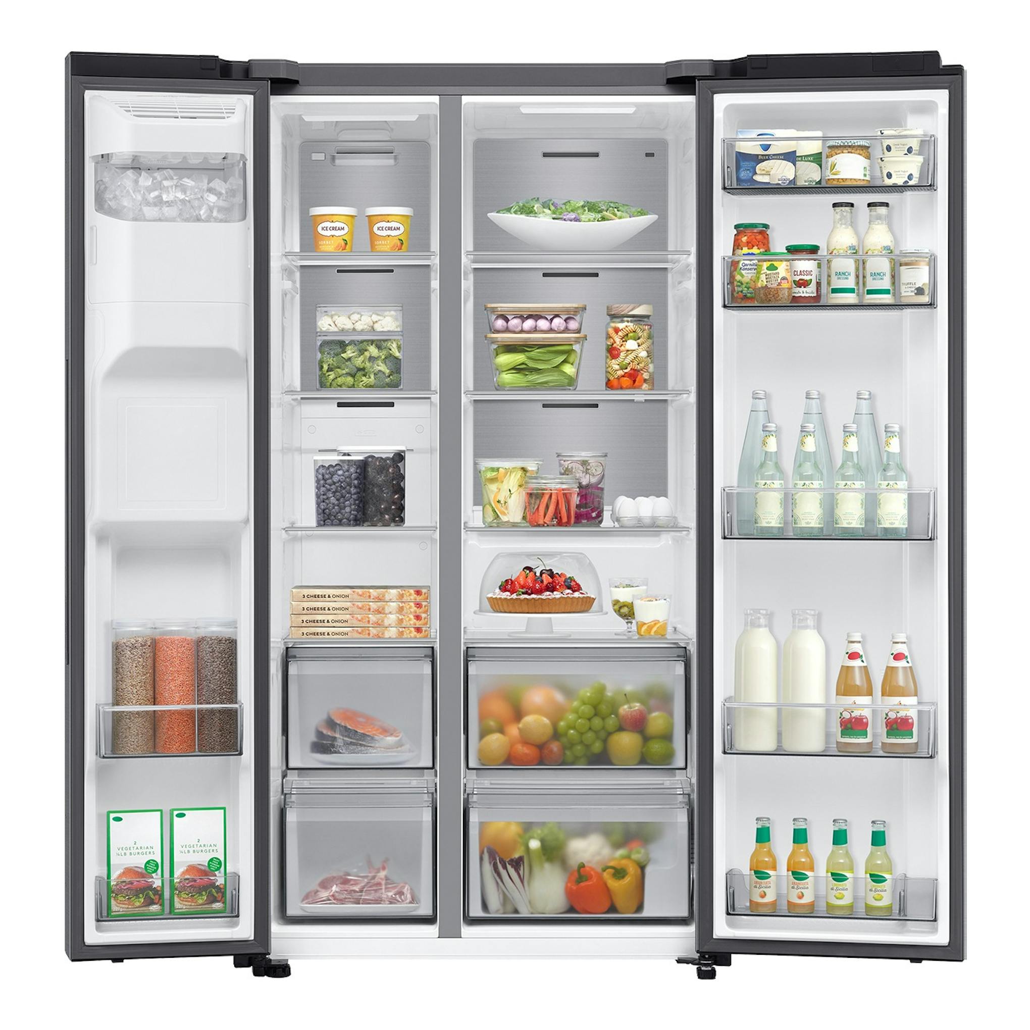 Frigorífico americano Samsung RS70F64KDTEF abierto, vista frontal, inox, con compartimentos y alimentos visibles.