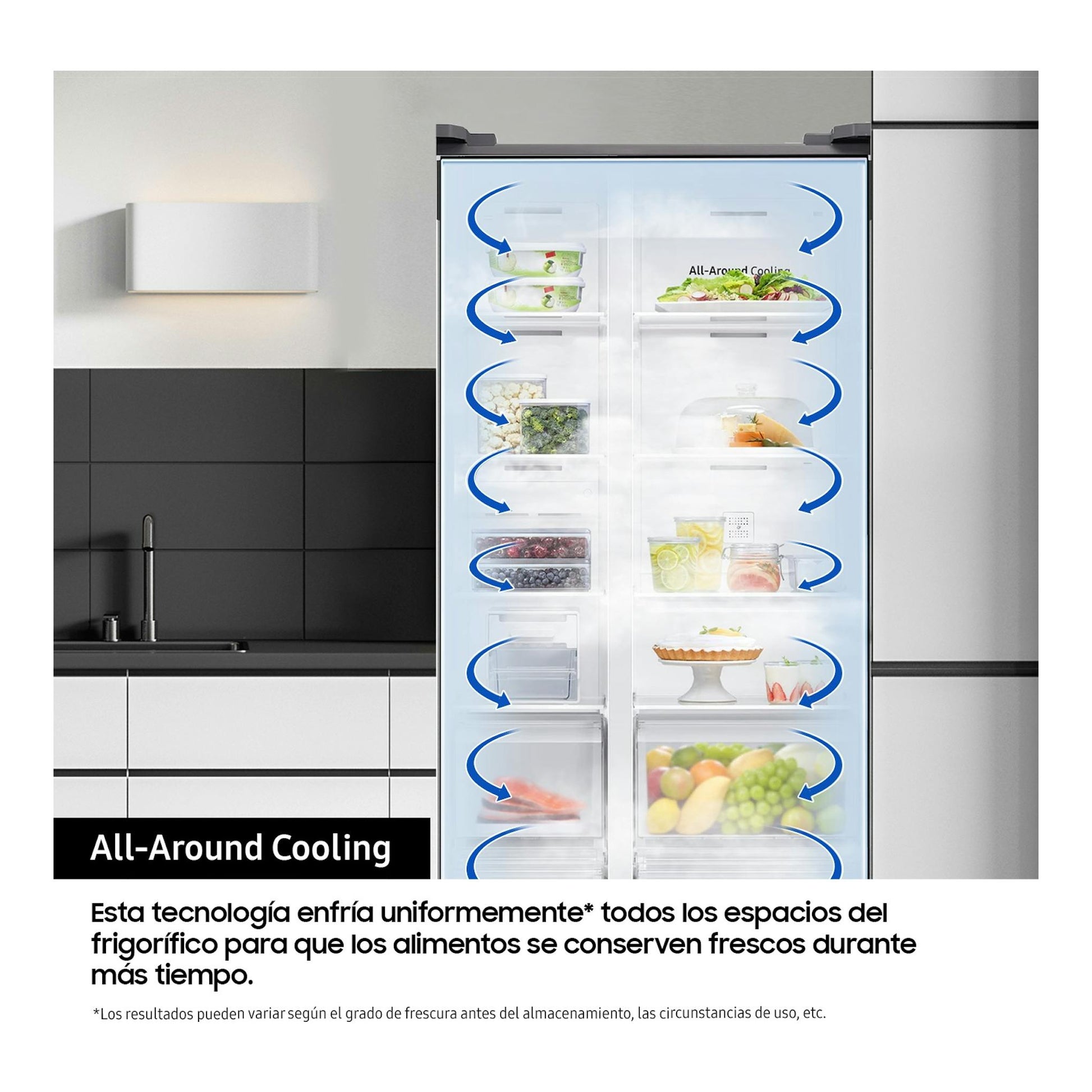 Samsung RS70F64KDTEF, frigorífico americano de dos puertas inox, vista frontal con esquema de enfriamiento.