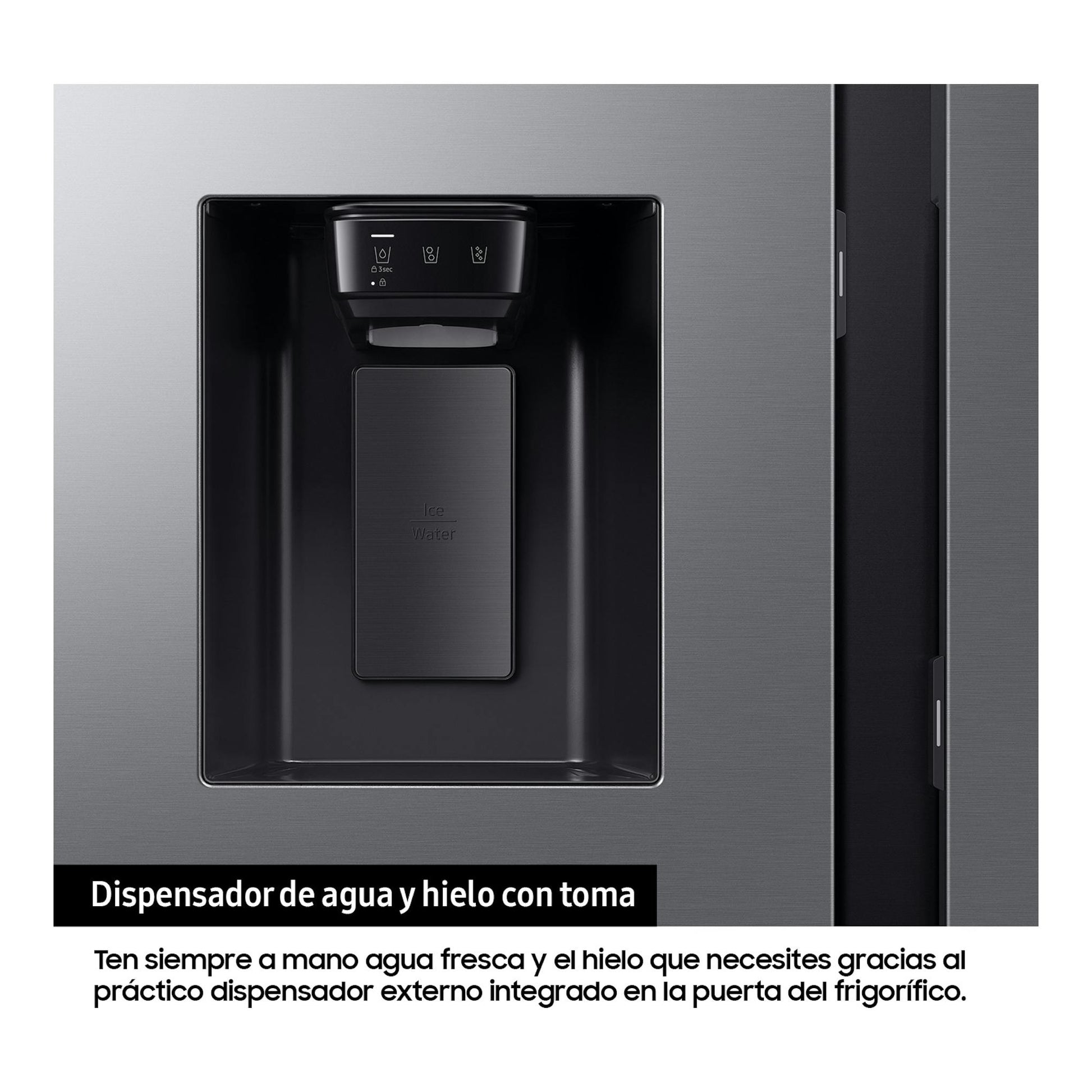 Samsung RS70F64KDTEF, primer plano del dispensador de agua y hielo en frigorífico americano inox.