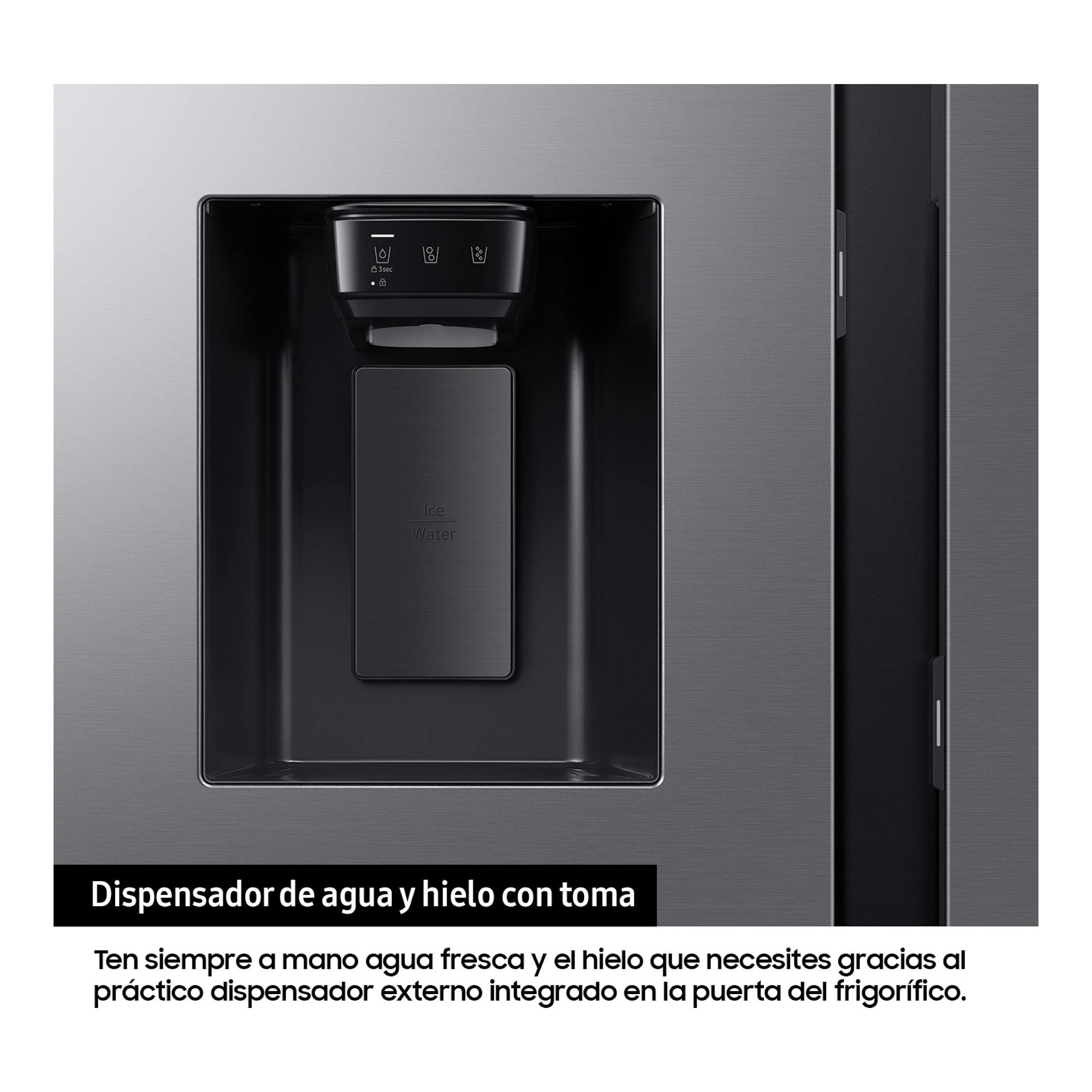Samsung RS70F64KDTEF, primer plano del dispensador de agua y hielo en frigorífico americano inox.