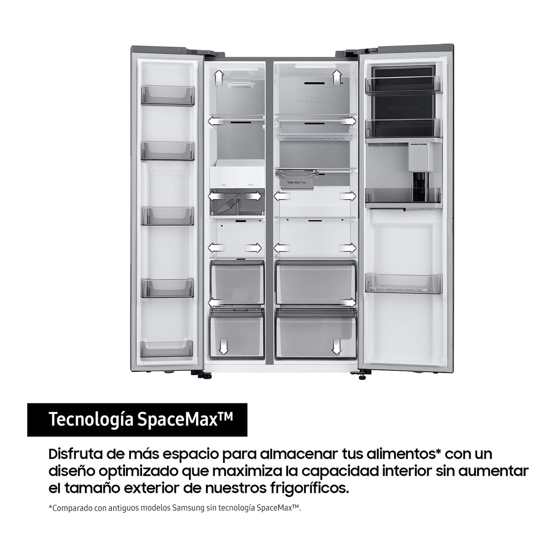 Frigorífico americano Samsung RS70F64KDTEF en inox, vista frontal con puertas abiertas e interior visible.