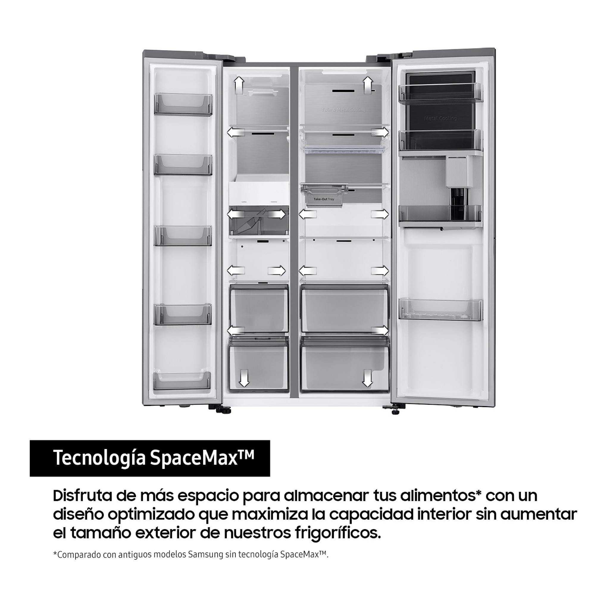 Frigorífico americano Samsung RS70F64KDTEF en inox, vista frontal con puertas abiertas e interior visible.