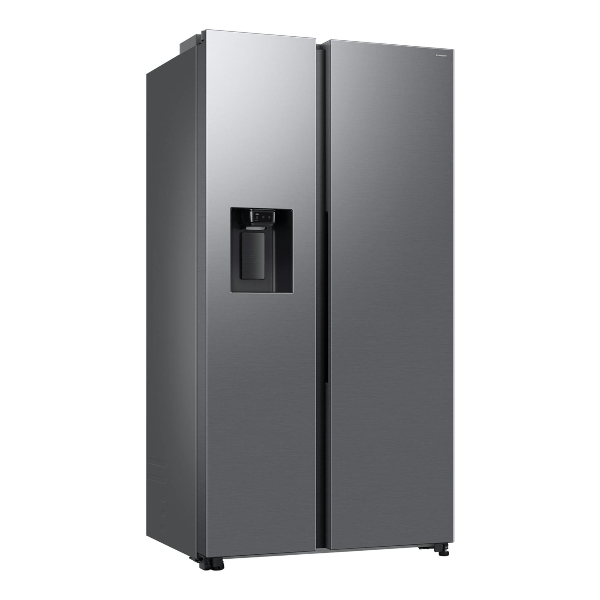 Frigorífico americano Samsung RS70F65KDTEF en inox, vista frontal, con dispensador de agua.