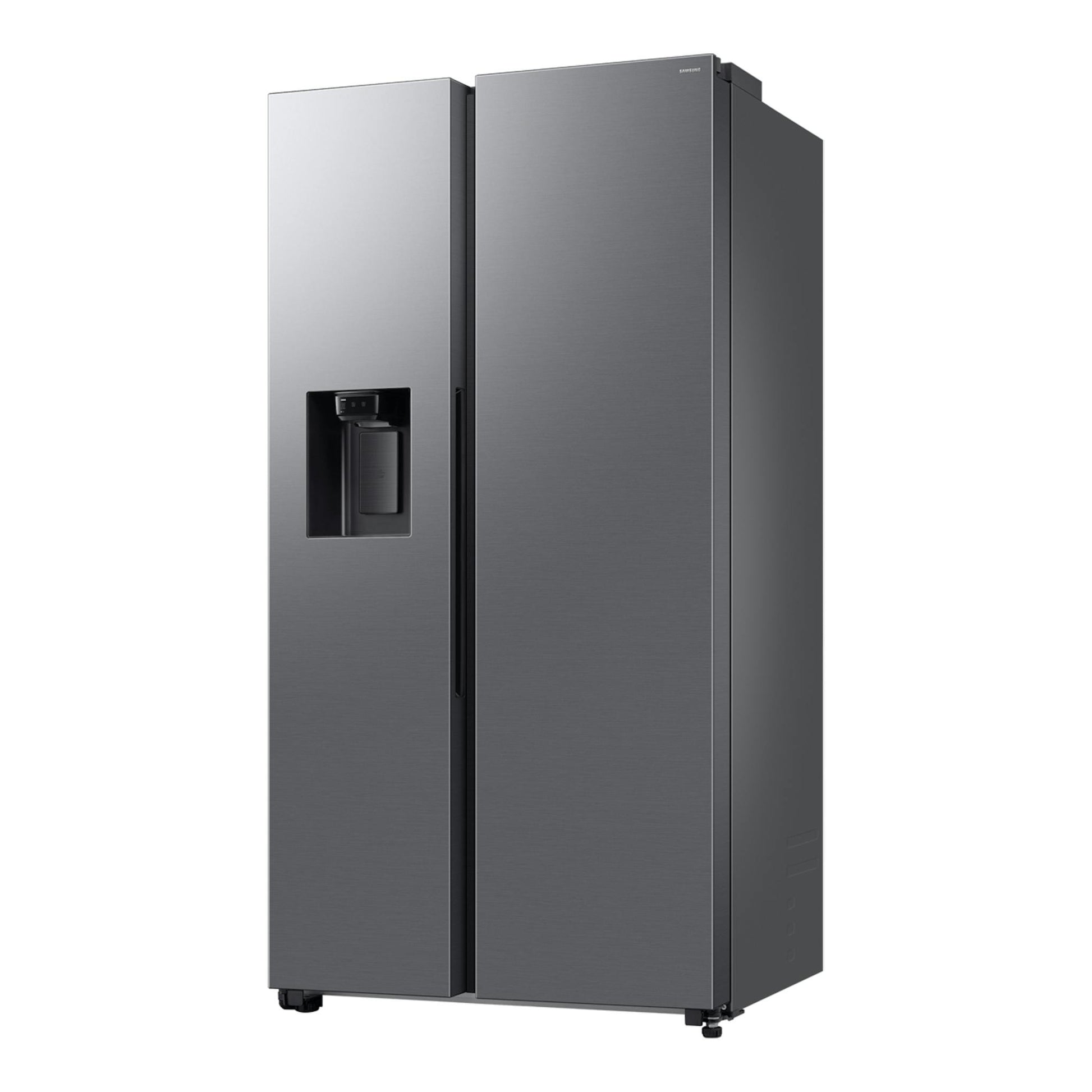 Frigorífico americano Samsung RS70F65KDTEF inox, vista frontal ligeramente en ángulo, con dispensador.