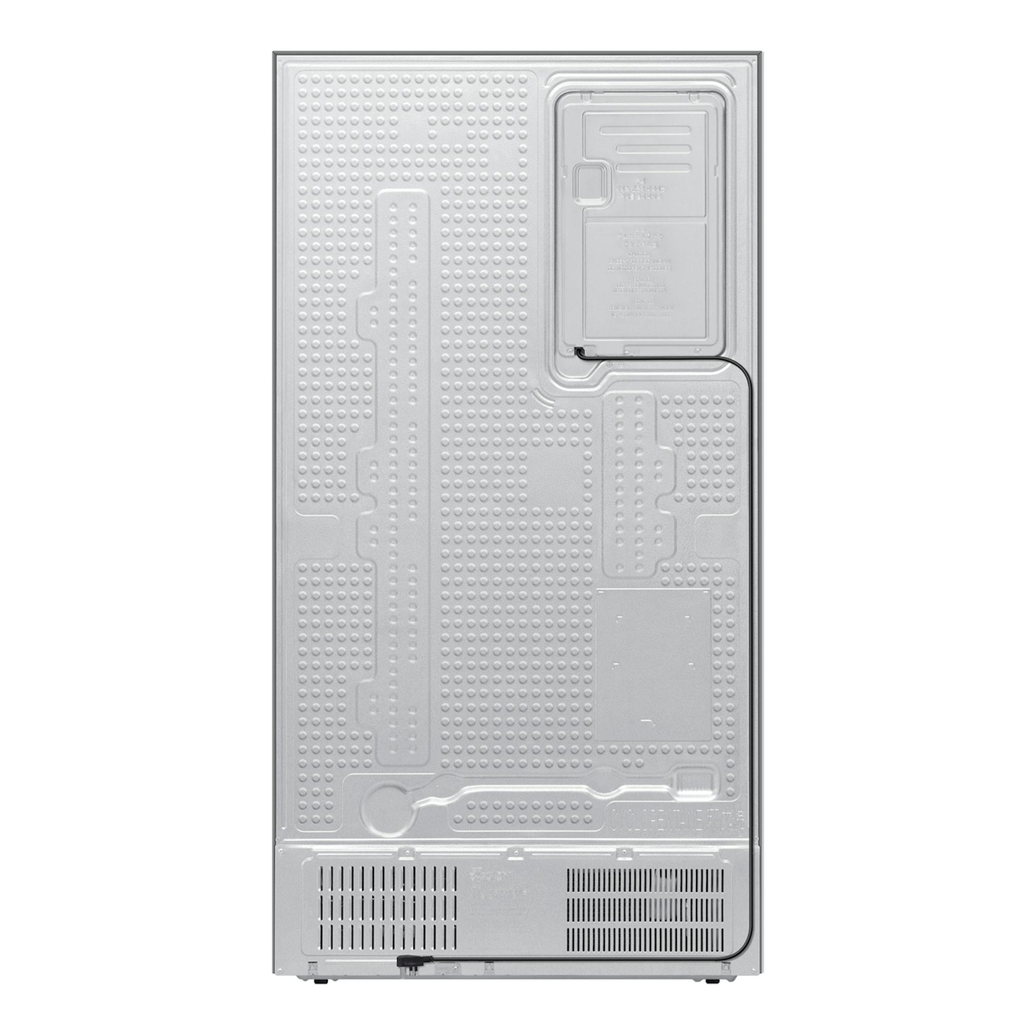 Vista trasera de frigorífico americano Samsung RS70F65KDTEF en inox, con rejillas y panel técnico.