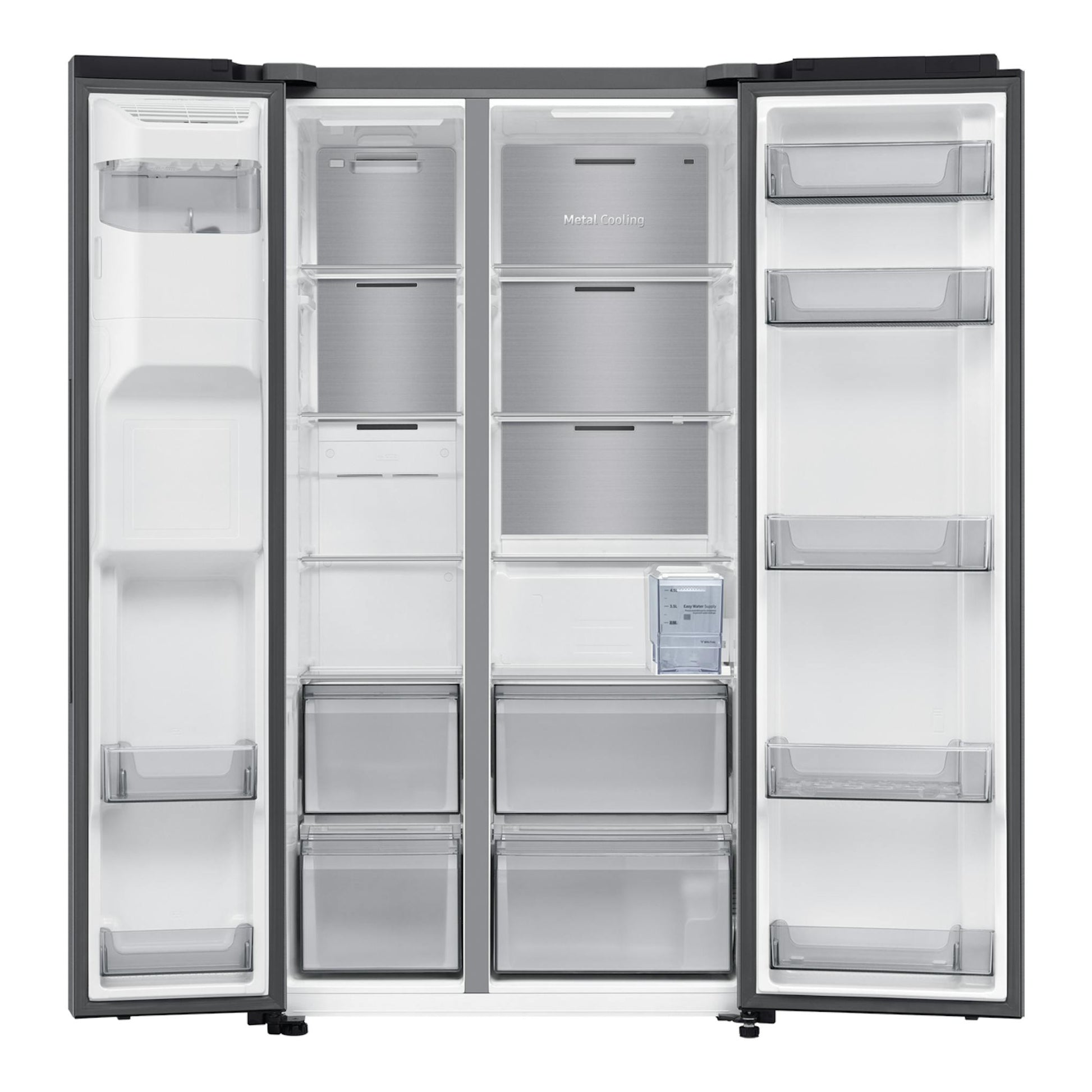 Frigorífico americano Samsung RS70F65KDTEF, vista frontal con puertas abiertas, interior blanco e inox.