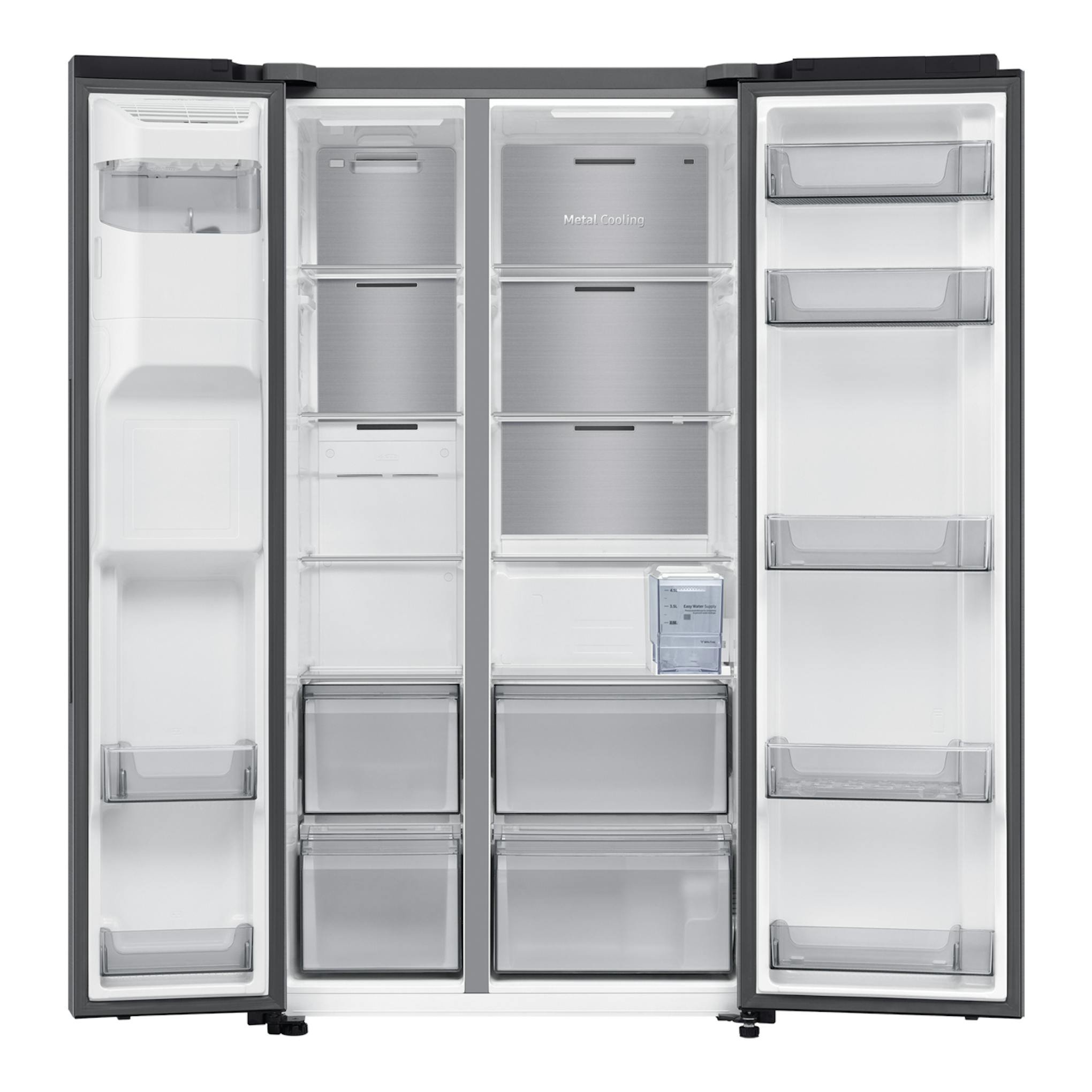 Frigorífico americano Samsung RS70F65KDTEF, vista frontal con puertas abiertas, interior blanco e inox.